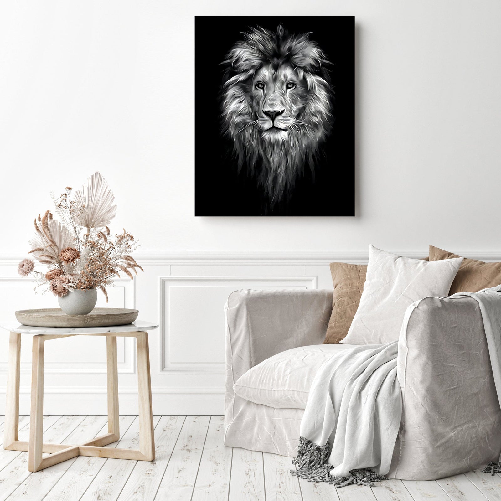 Black and White Lion Face | Diamond Painting Displayed as Home Decor