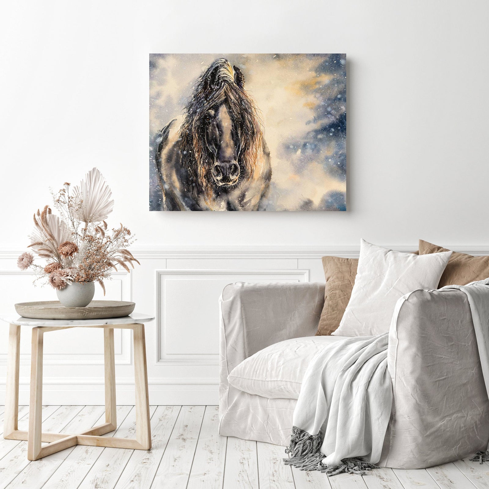 Black Horse in Winter | Diamond Painting Displayed as Home Decor