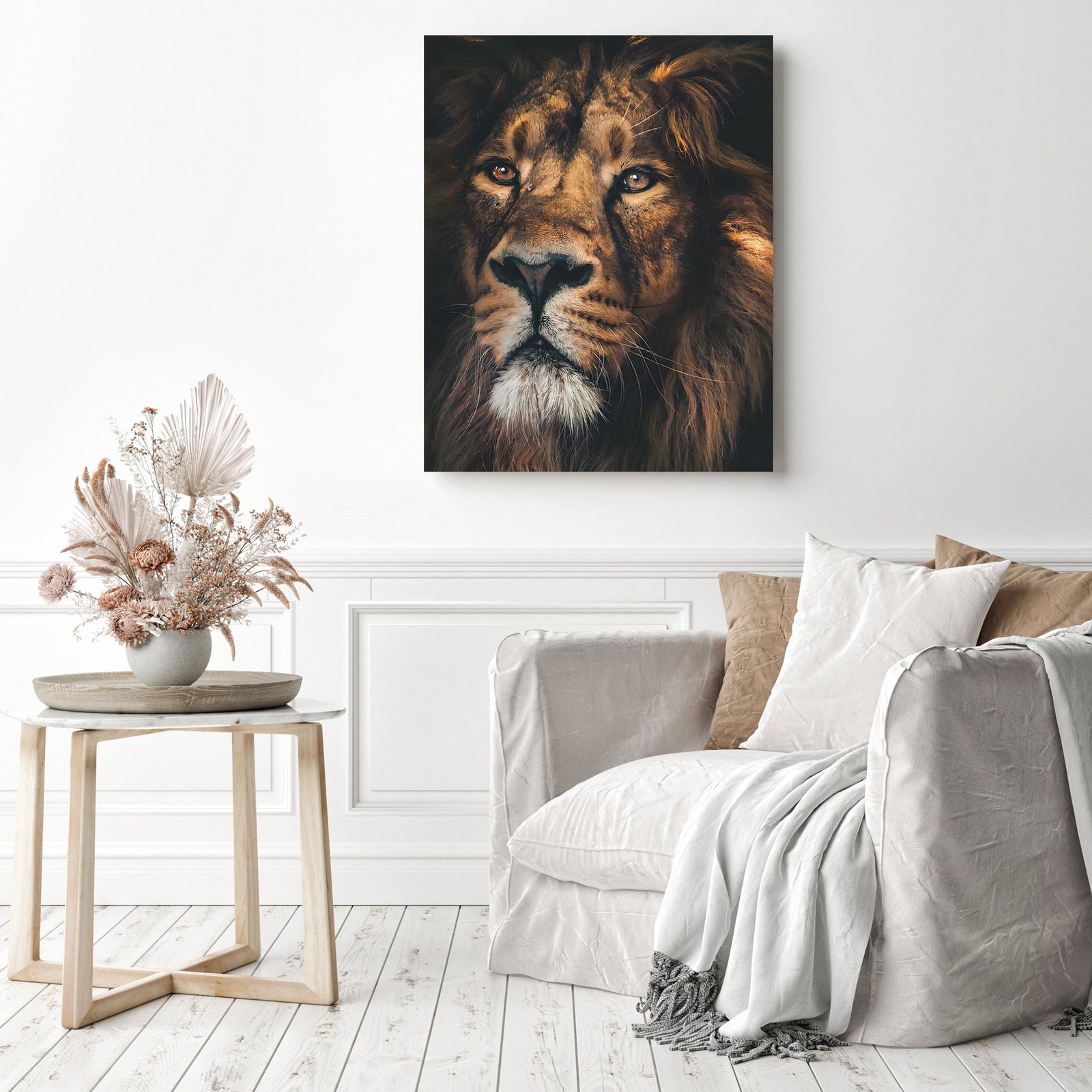 Brown Lion with White Eyes | Diamond Painting Displayed as Home Decor