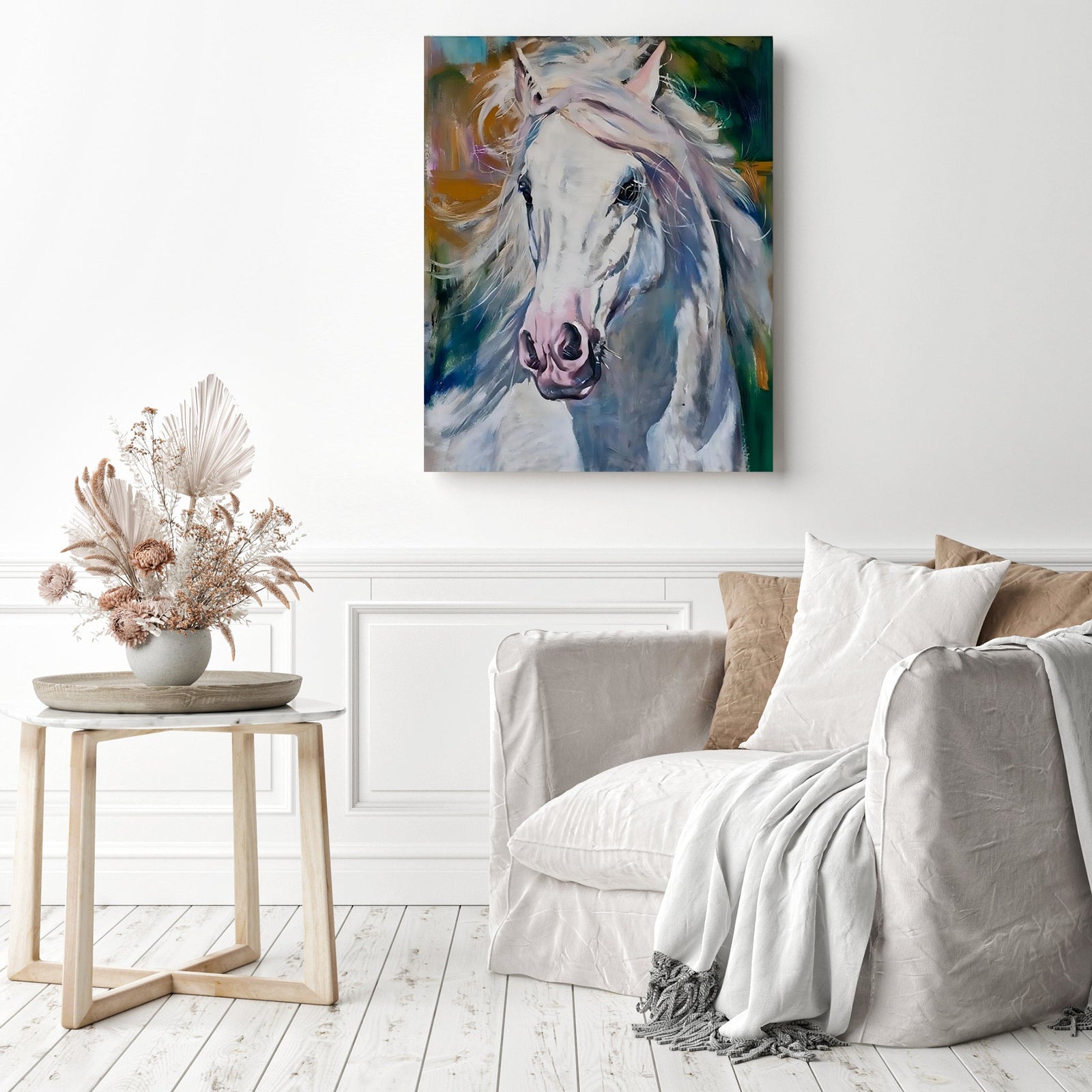 White Horse Portrait | Diamond Painting Displayed as Home Decor