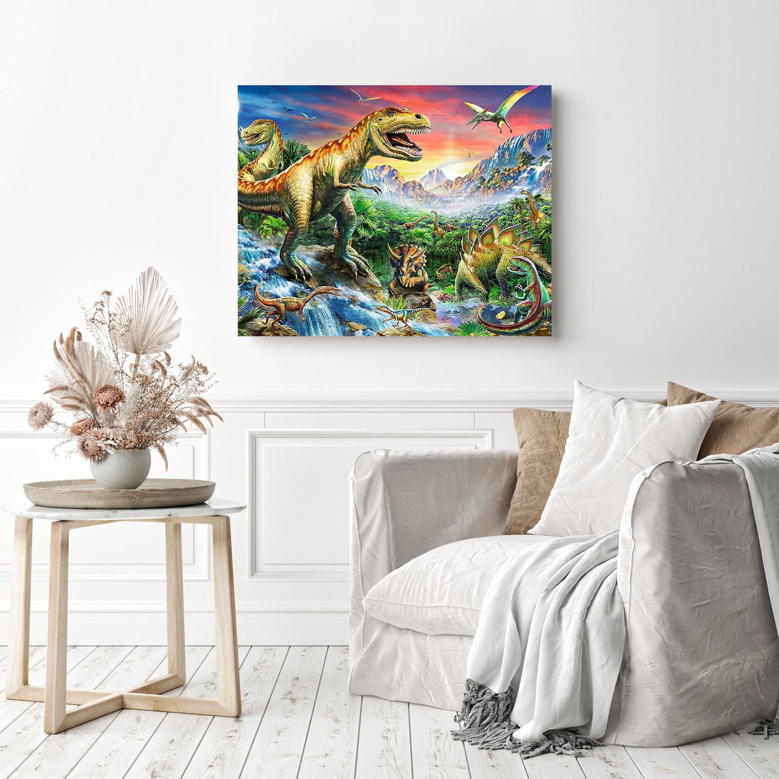 Forest Dinosaur Moon | Diamond Painting Displayed as Home Decor