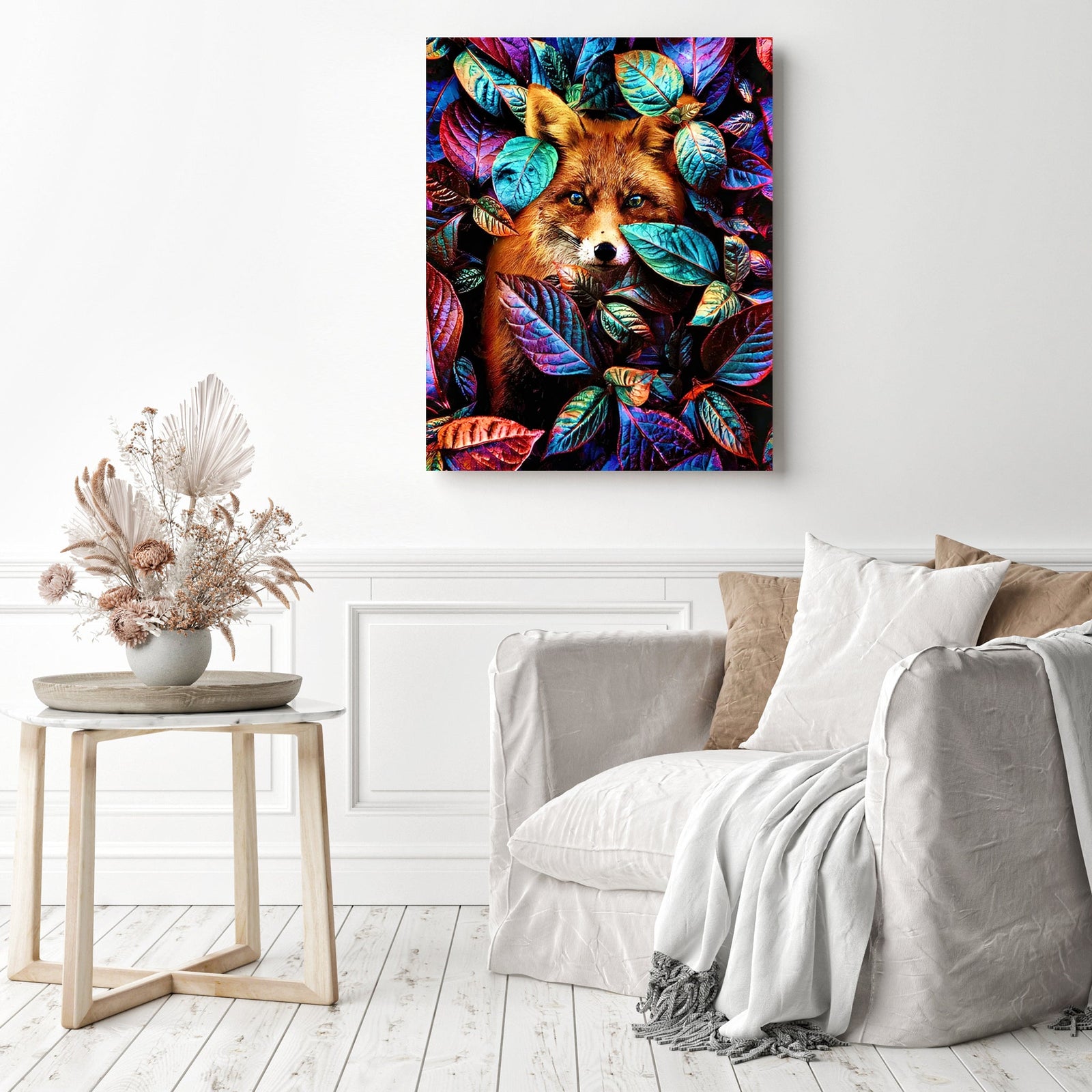 The Fox Behind the Tree Leaves | Diamond Painting Displayed as Home Decor