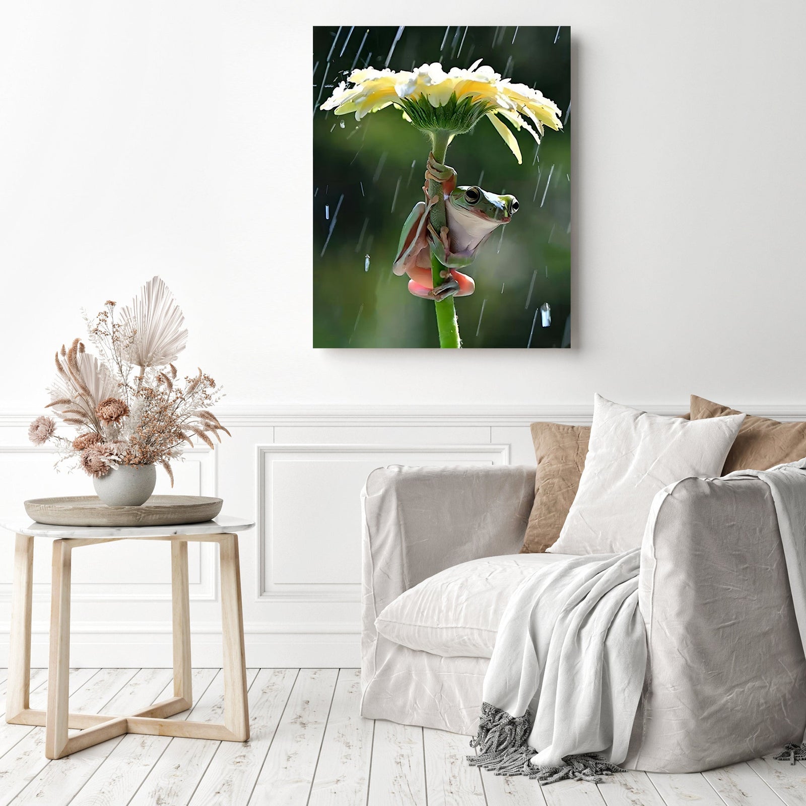 Frog on a Flower in The Rain | Diamond Painting Displayed as Home Decor