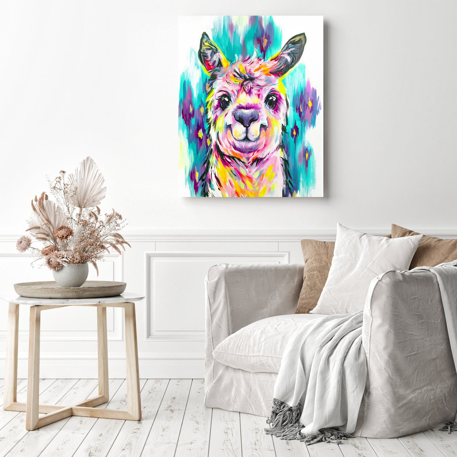 Coloful Alpaca | Diamond Painting Displayed as Home Decor