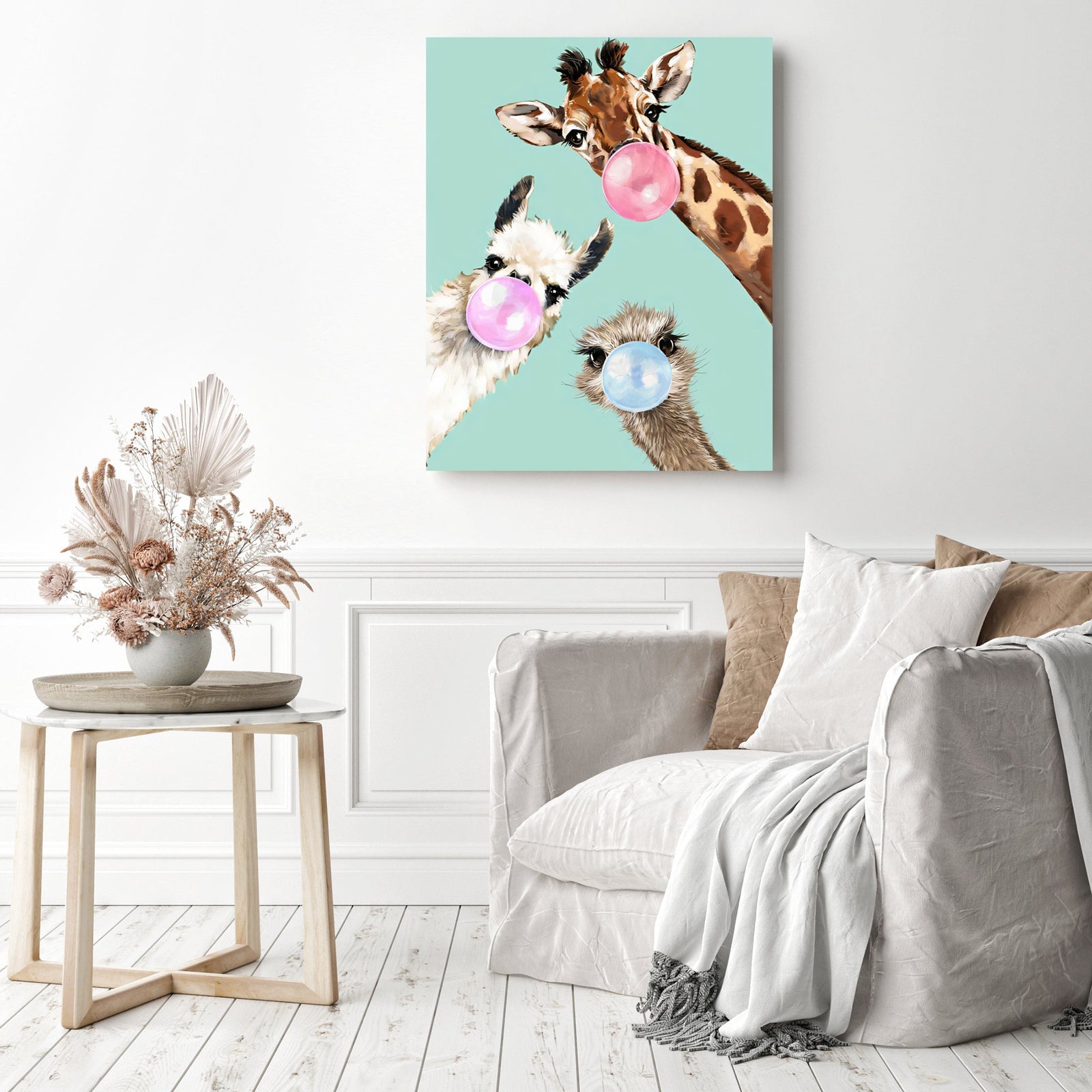 Giraffe, Alpaca, Ostrich | Diamond Painting Displayed as Home Decor