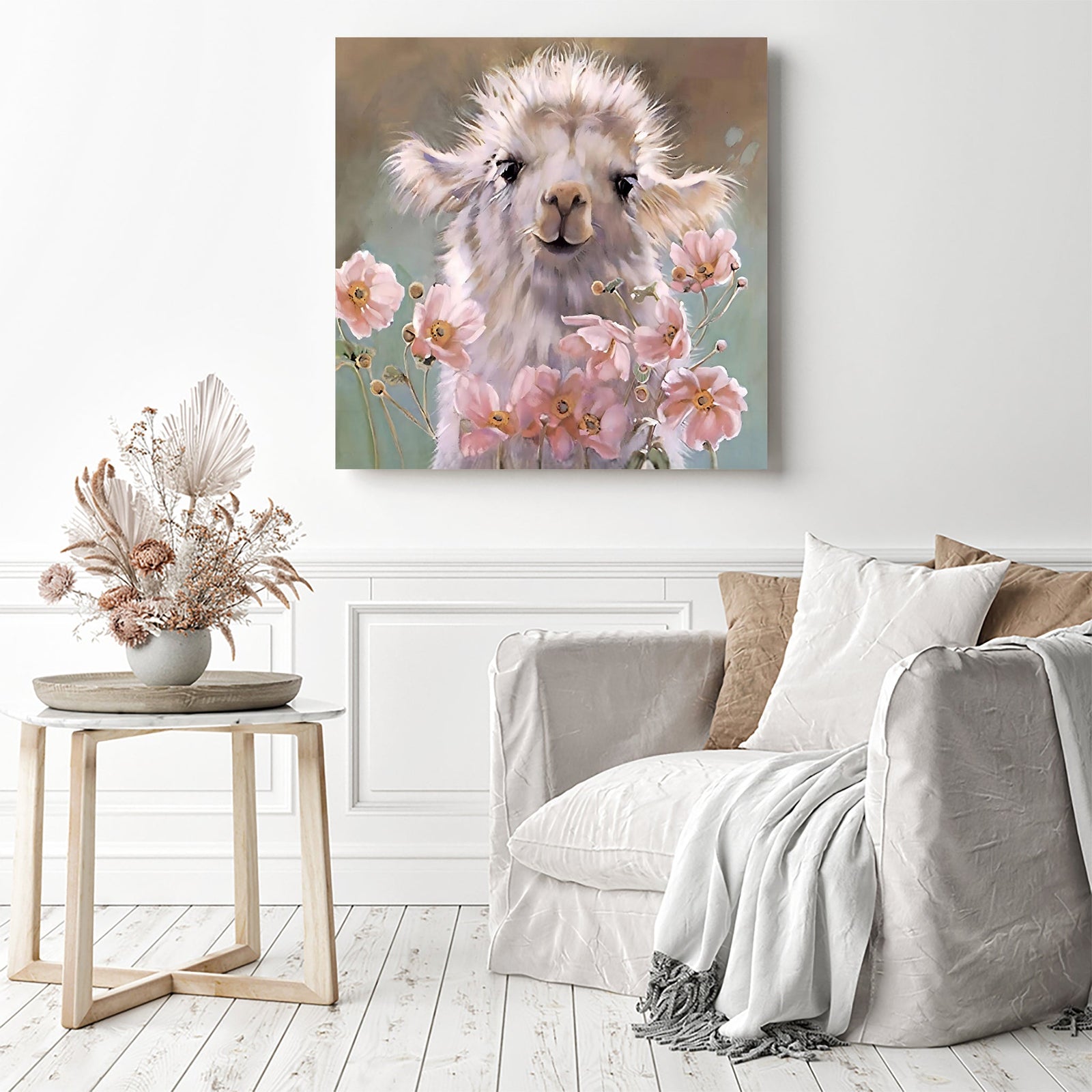 Lamb and Flowers | Diamond Painting Displayed as Home Decor