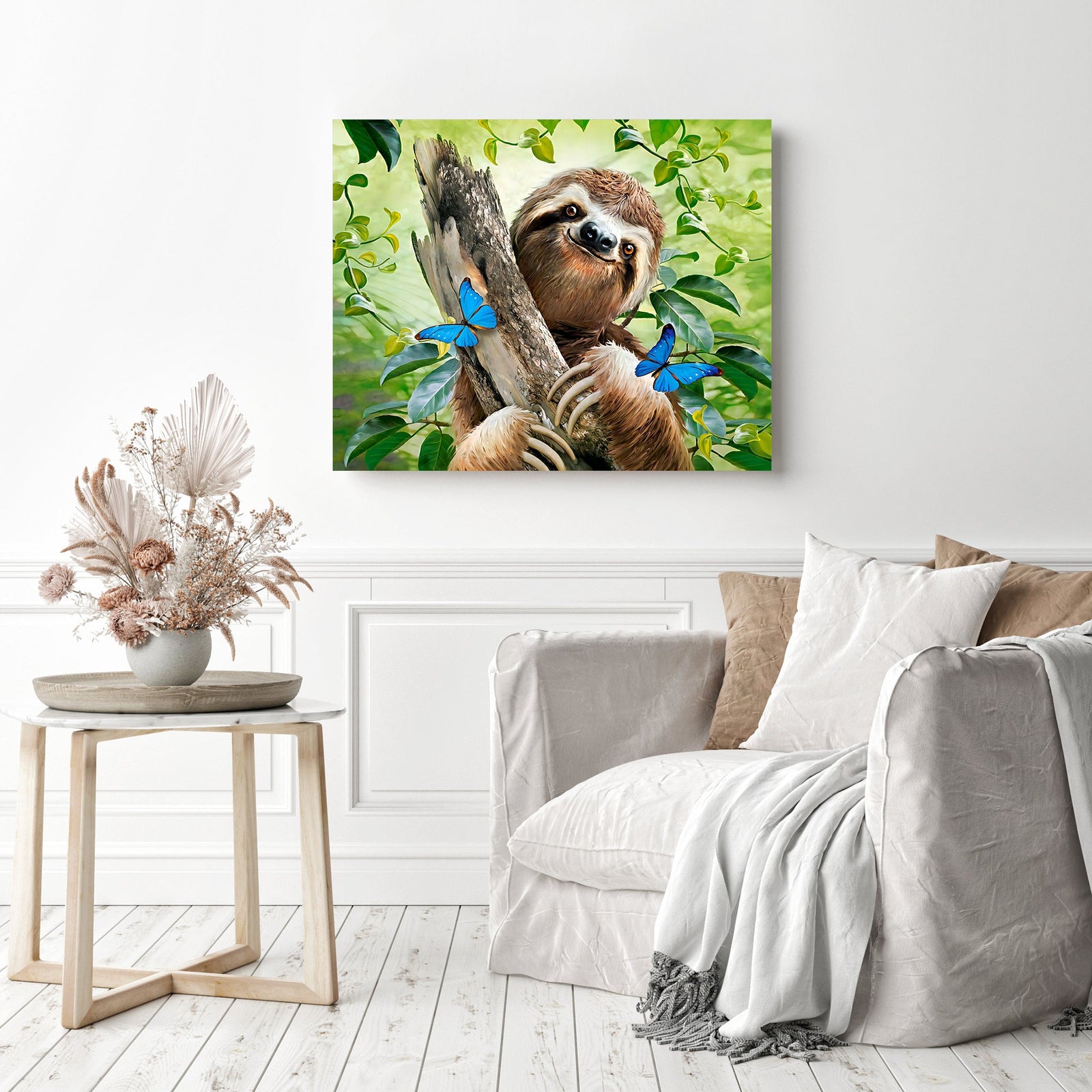 Sloth and Butterflies | Diamond Painting Displayed as Home Decor