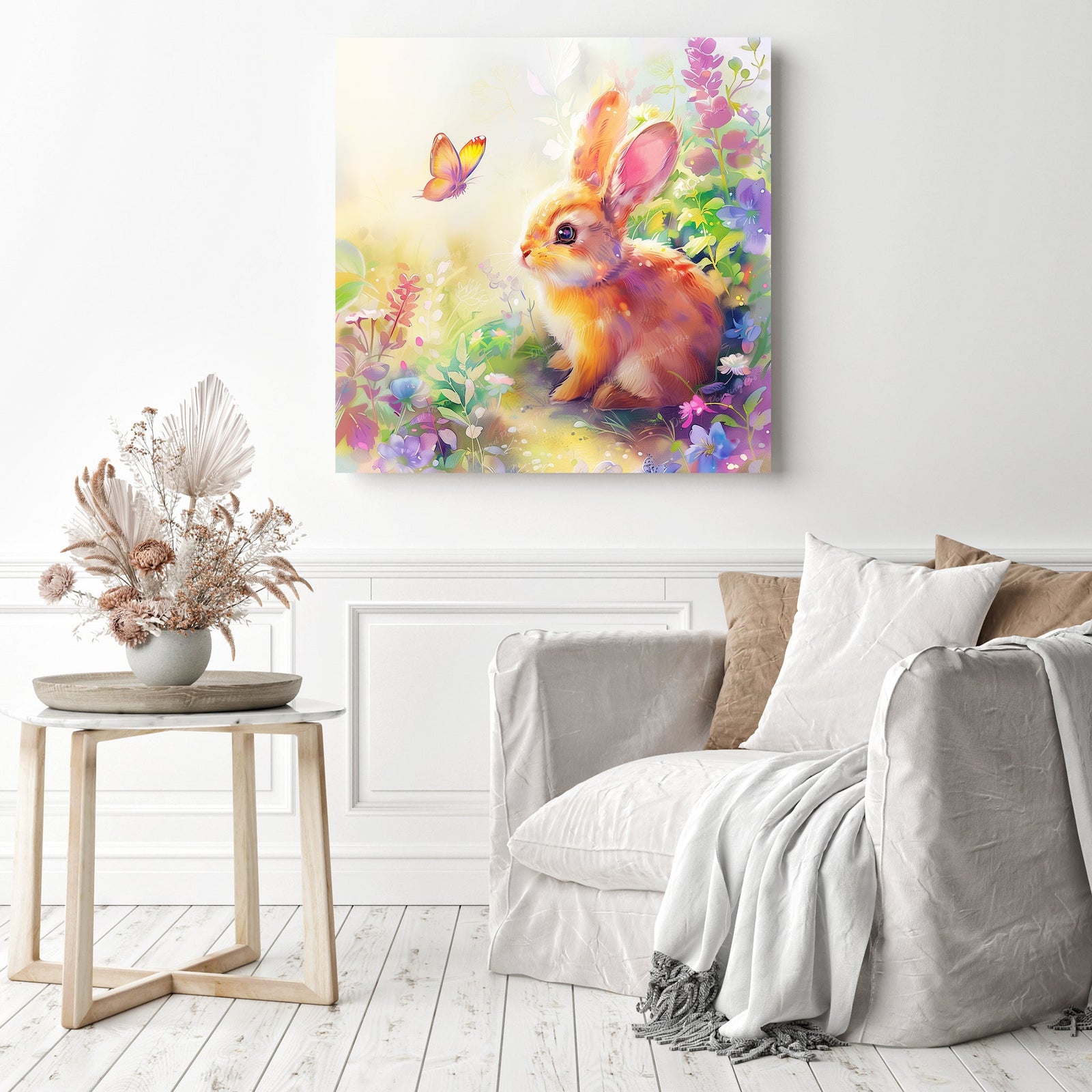 Bunny and the Fluttering Companion | Diamond Painting Displayed as Home Decor