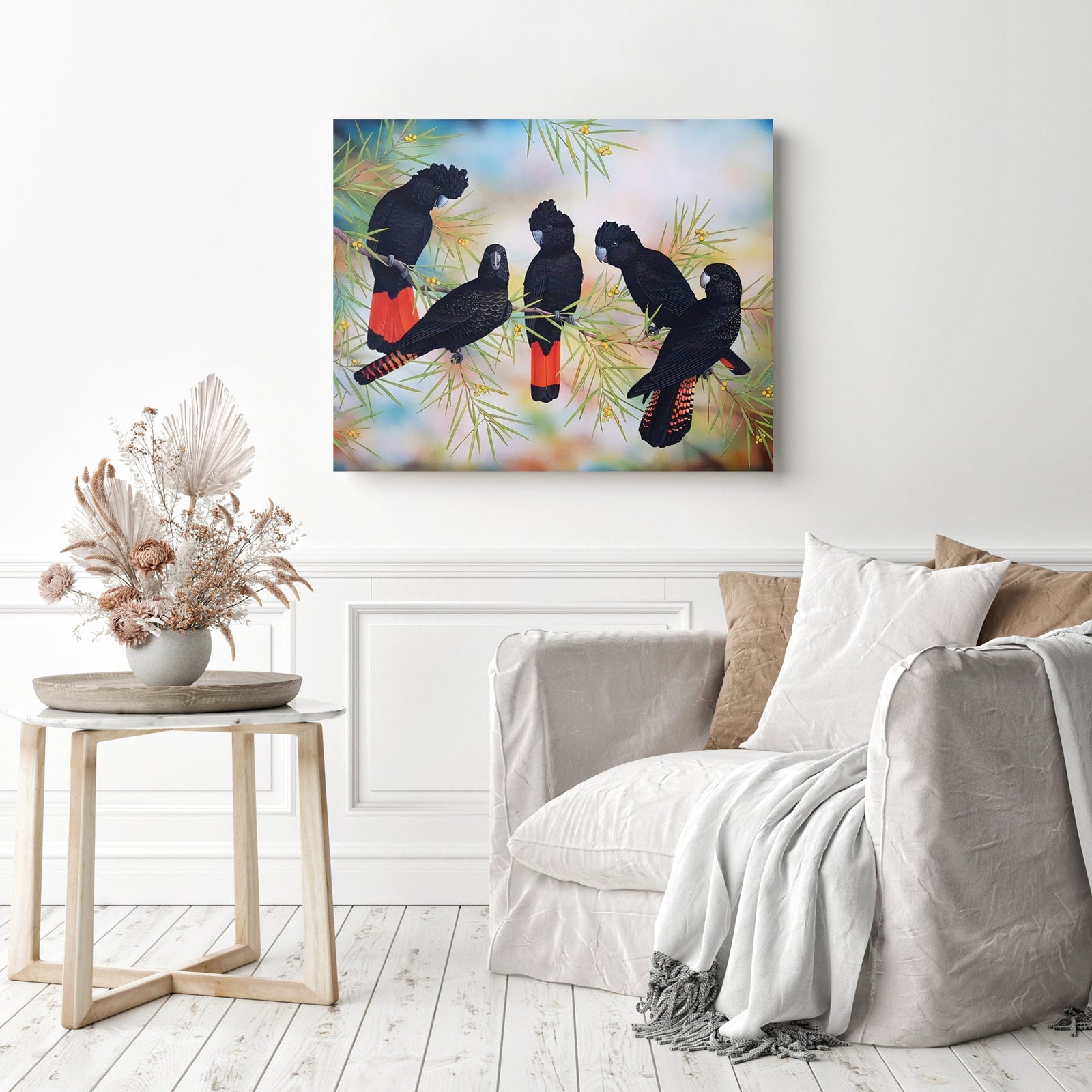 Black Cockatoos | Diamond Painting Displayed as Home Decor