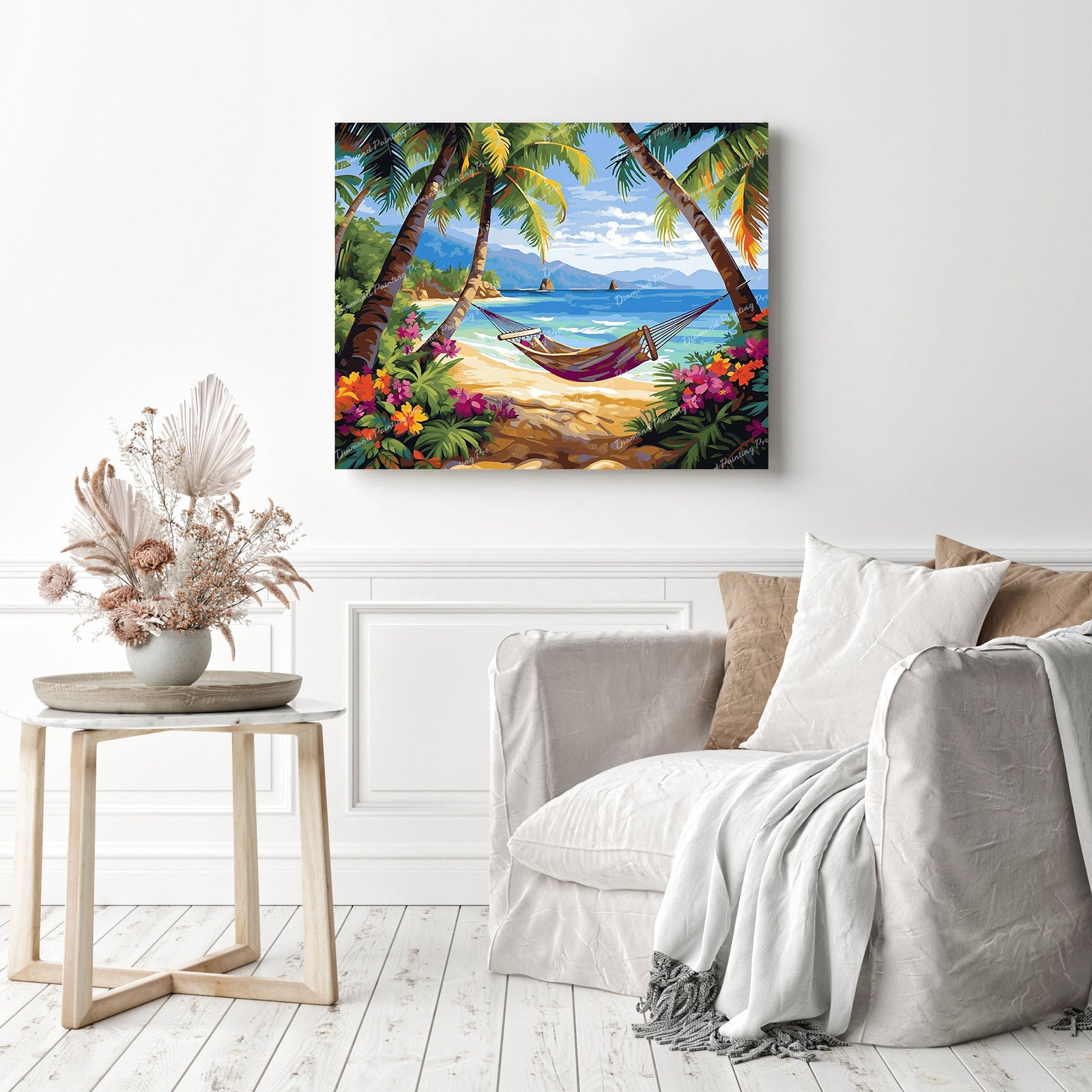 Hammock Retreat in Paradise | Diamond Painting Displayed as Home Decor