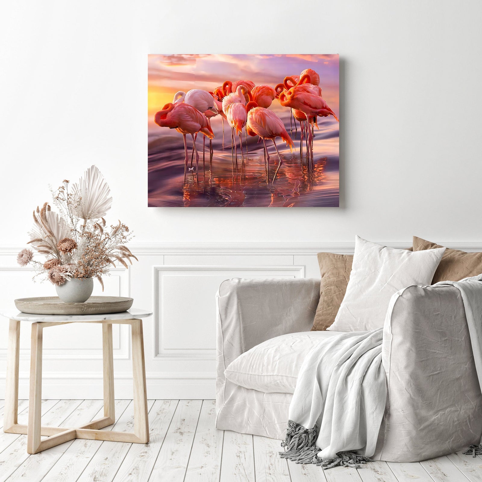 Wavy Flamingos | Diamond Painting Displayed as Home Decor