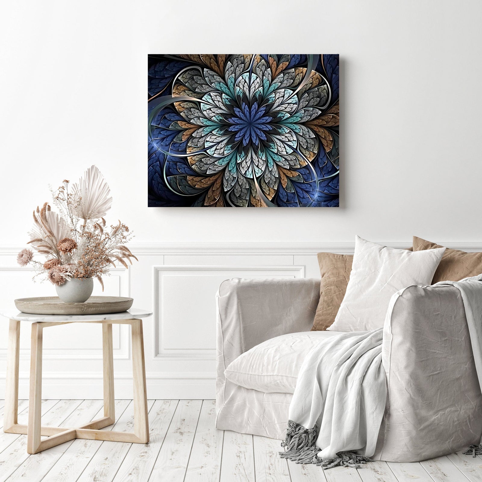 Blue and Gold Fractal Flower | Diamond Painting Displayed as Home Decor