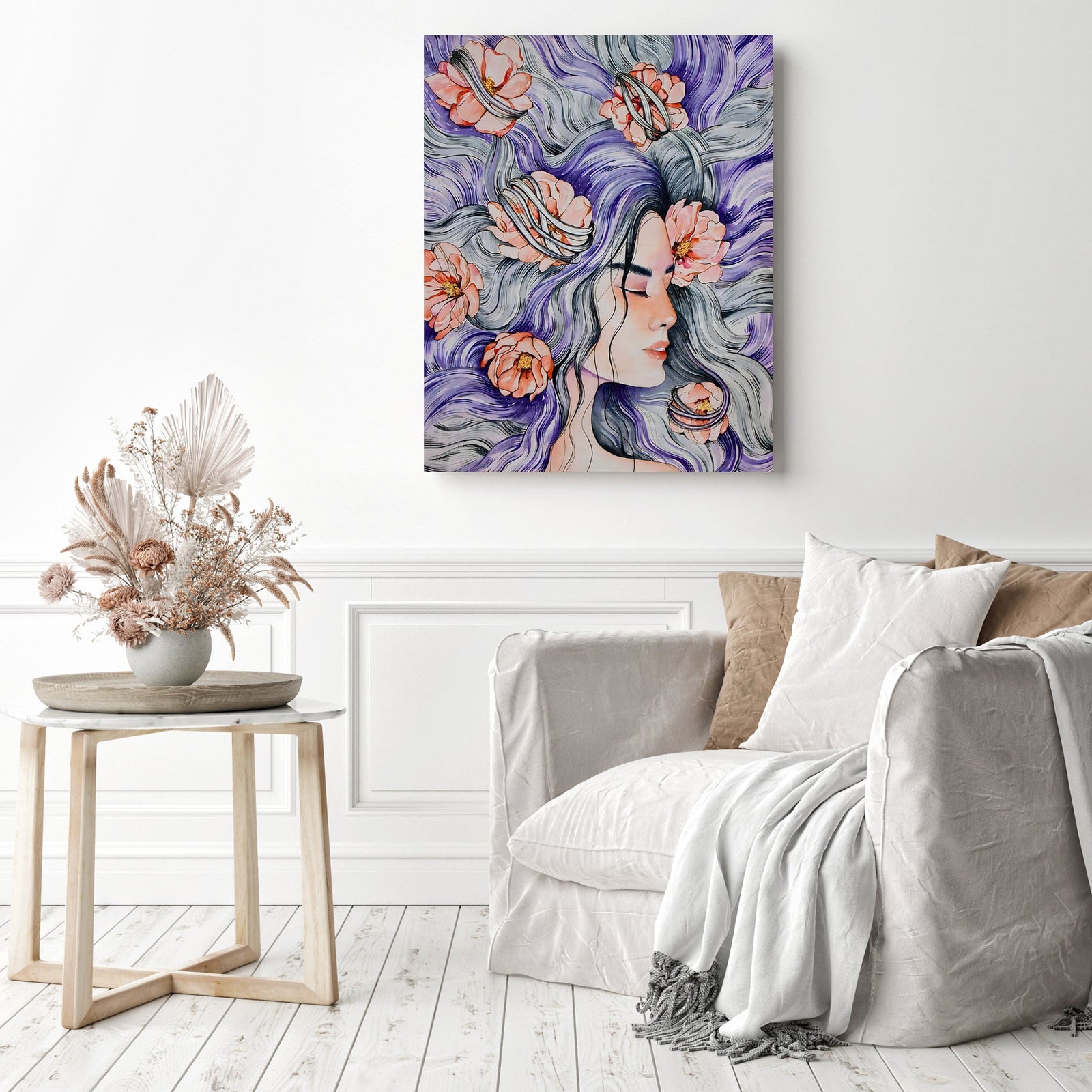 Girl with Purple Hair Surrounded by Flowers | Diamond Painting Displayed as Home Decor