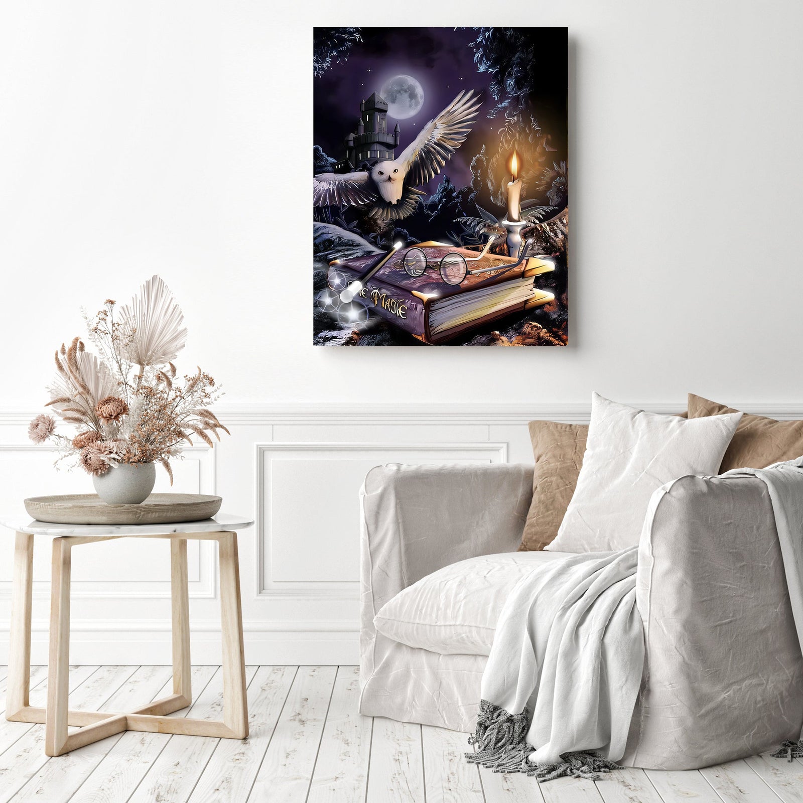 Magical Owl and Castle | Diamond Painting Displayed as Home Decor