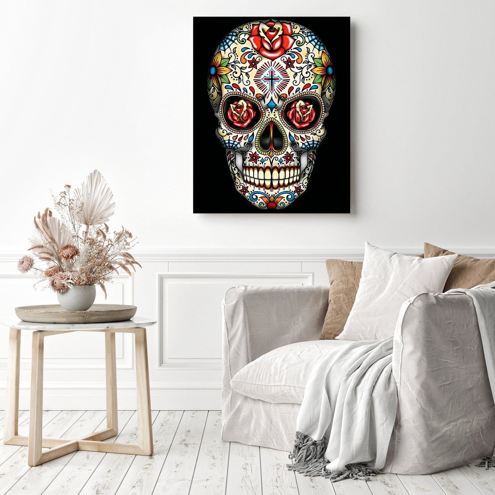 Sugar Skull With Rose Eyes | Diamond Painting Displayed as Home Decor