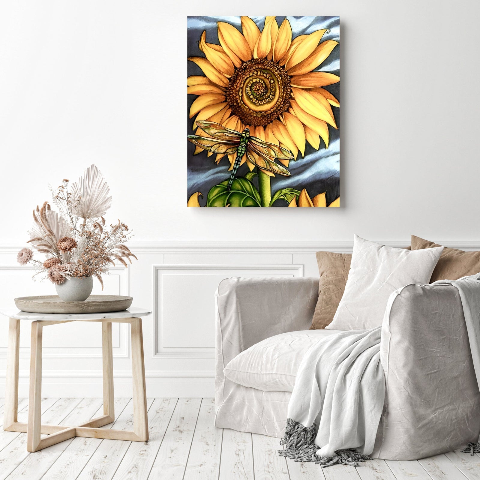 Beautiful Yellow Plant Sunflower Dragonfly | Diamond Painting Displayed as Home Decor