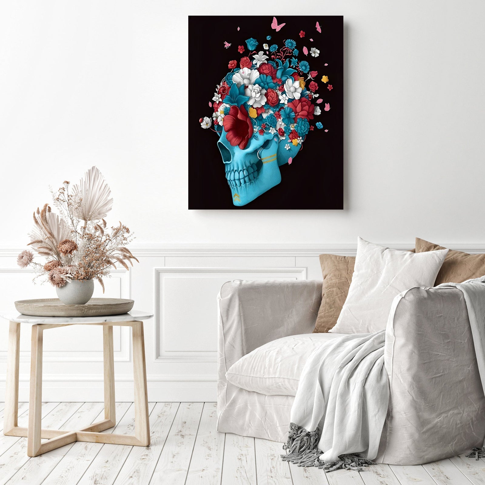 Blue Skull With Flowers | Diamond Painting Displayed as Home Decor