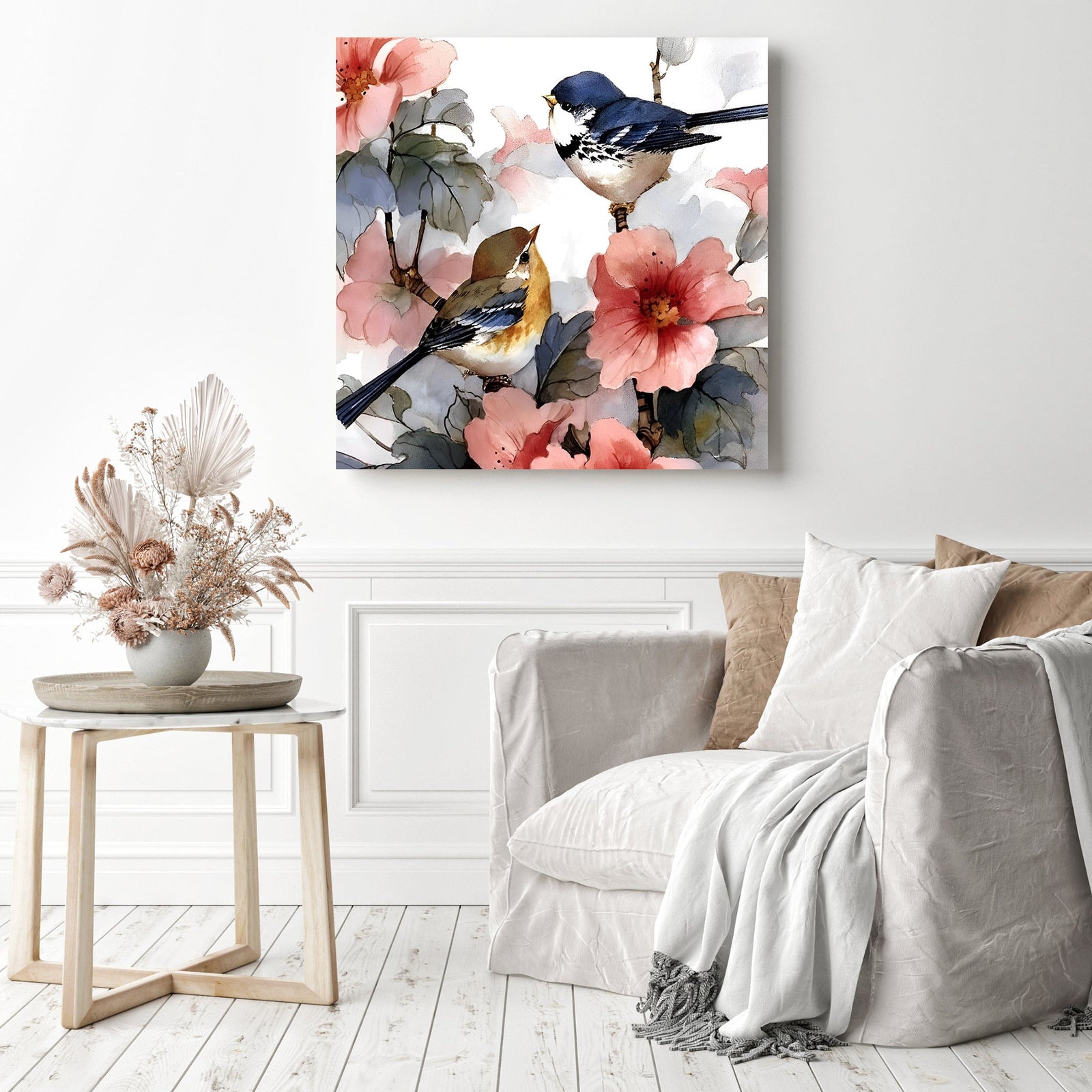 Two Birds on the Flower Branch | Diamond Painting Displayed as Home Decor