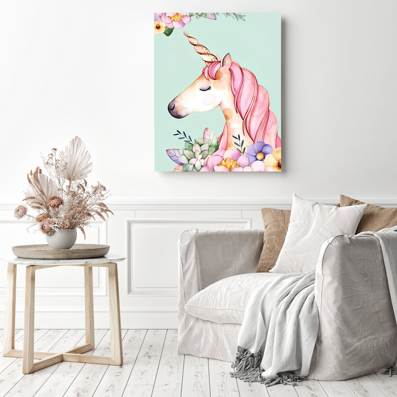 Colorful Cartoon Flower Unicorn | Diamond Painting Displayed as Home Decor