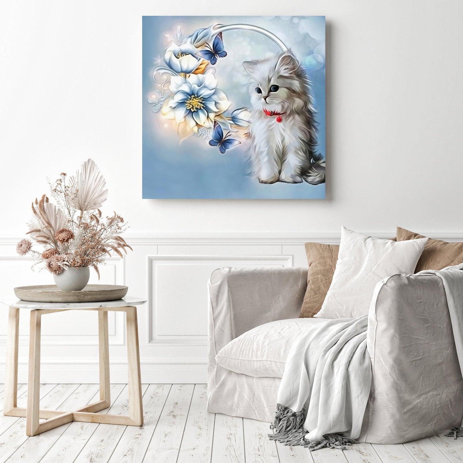 Cute Cat Flower Butterfly | Diamond Painting Displayed as Home Decor