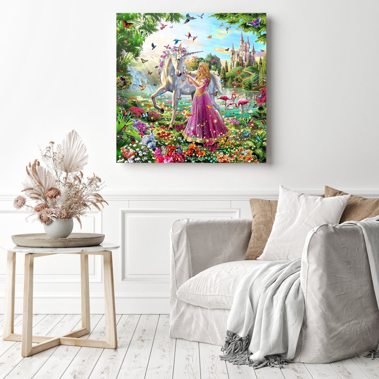 Castle Unicorn | Diamond Painting Displayed as Home Decor