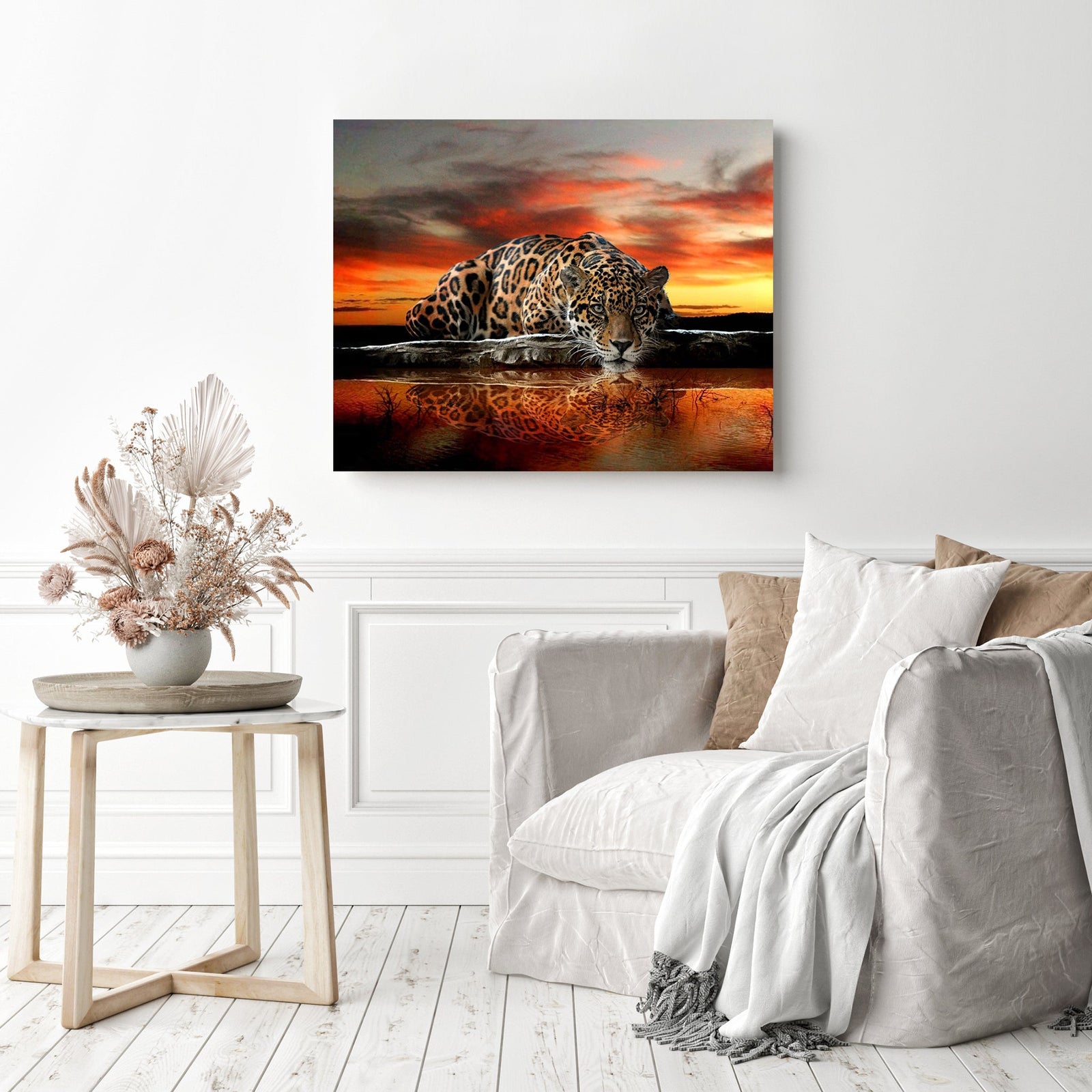 Sunset And Lakeside Leopard | Diamond Painting Displayed as Home Decor