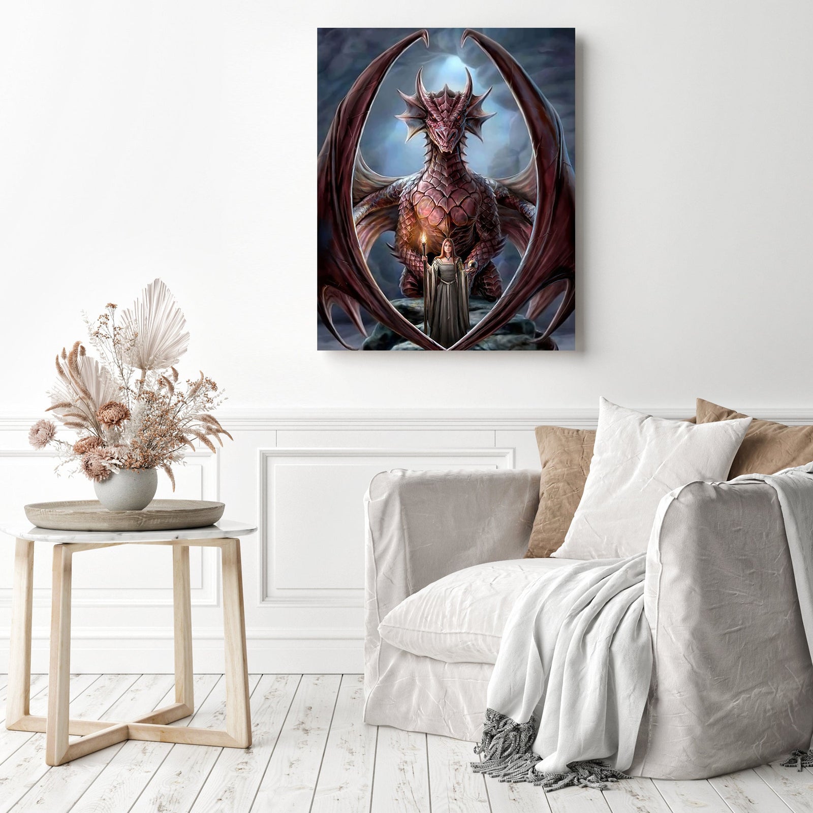 Magic Beauty And Red Dragon | Diamond Painting Displayed as Home Decor