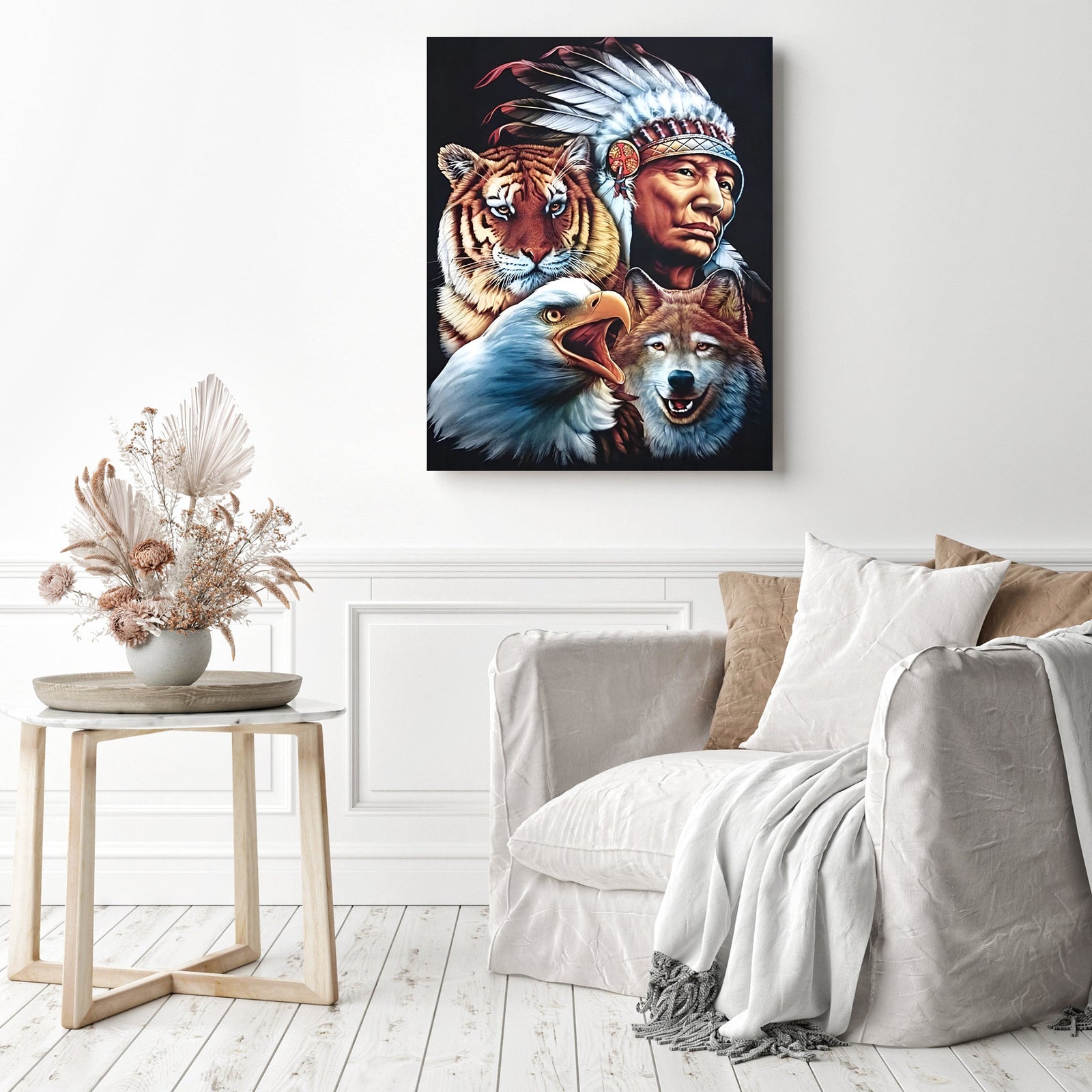 Indian Tiger Eagle Wolf | Diamond Painting Displayed as Home Decor