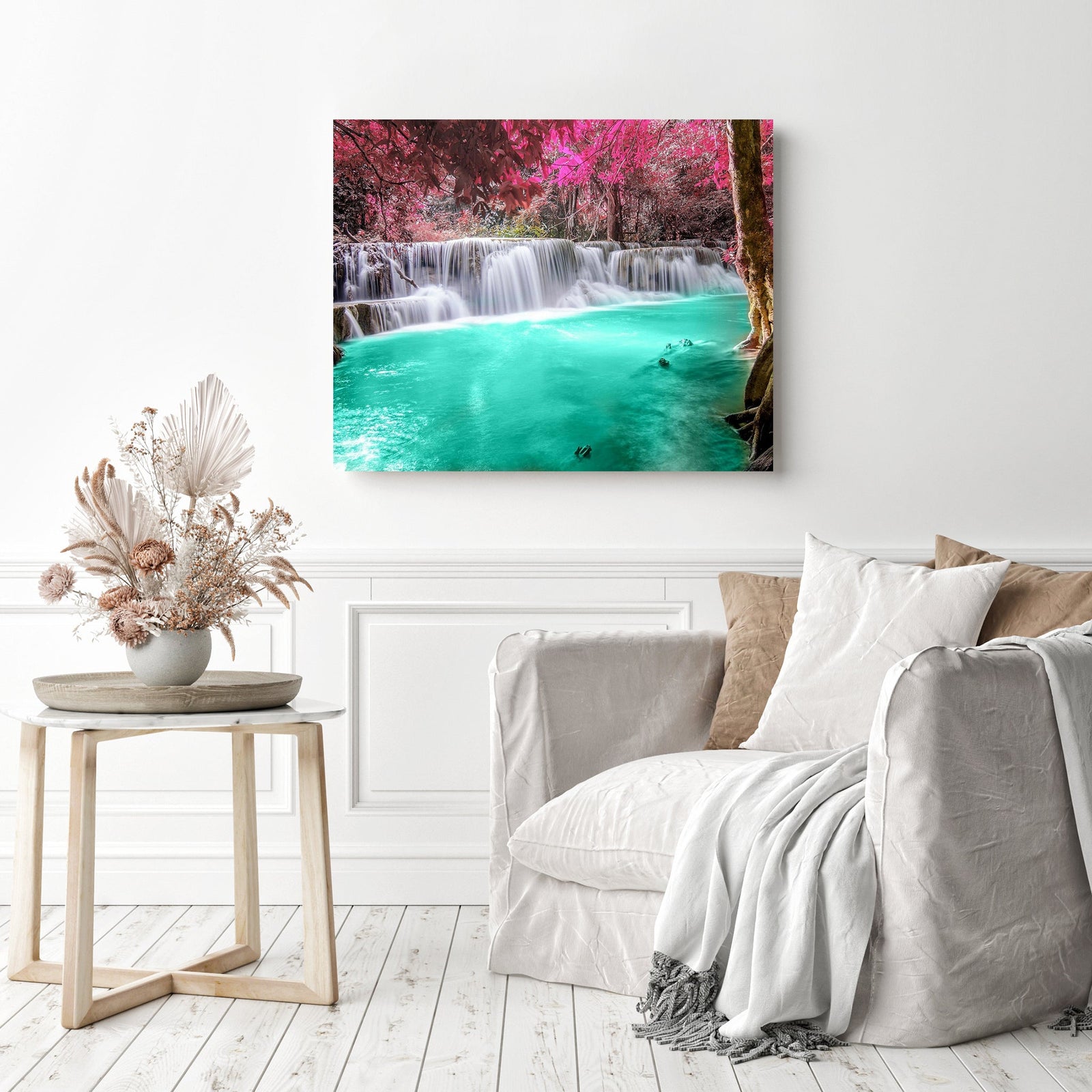 Pure Tree Waterfalls Lake | Diamond Painting Displayed as Home Decor