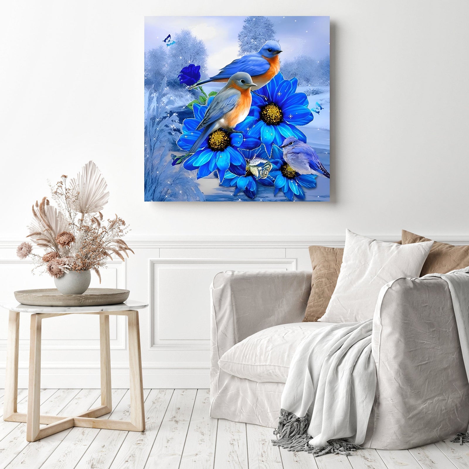 Winter Birds On The Blue Flowers | Diamond Painting Displayed as Home Decor