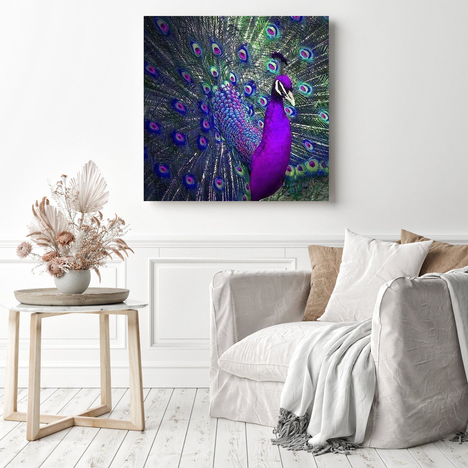 Purple and Blue Peacock | Diamond Painting Displayed as Home Decor