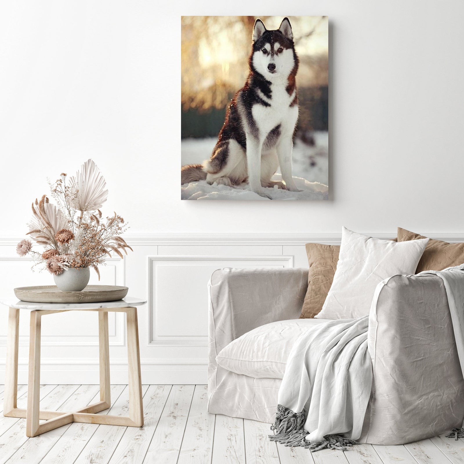 Snow Dog | Diamond Painting Displayed as Home Decor