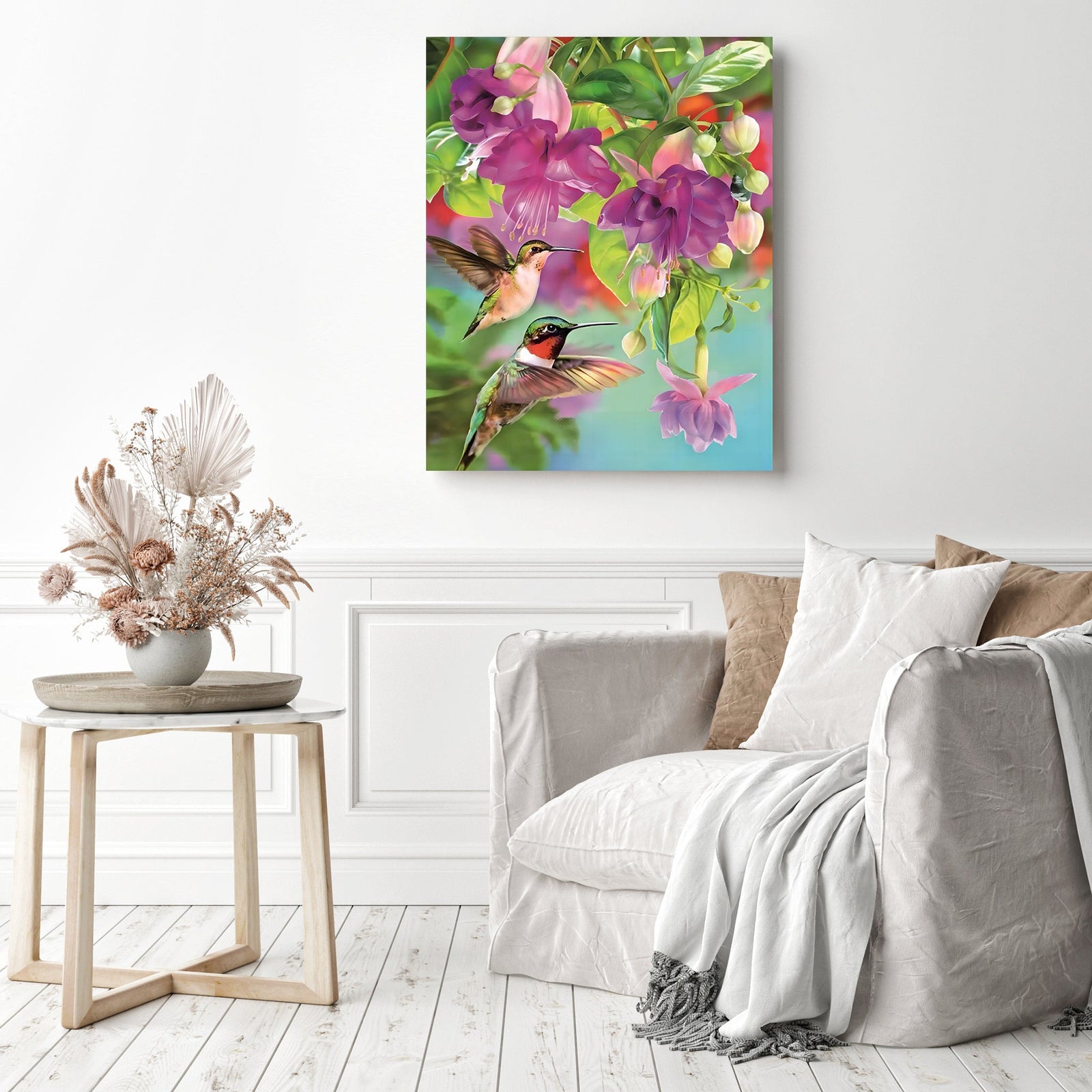 Hummingbird and Flowers | Diamond Painting Displayed as Home Decor