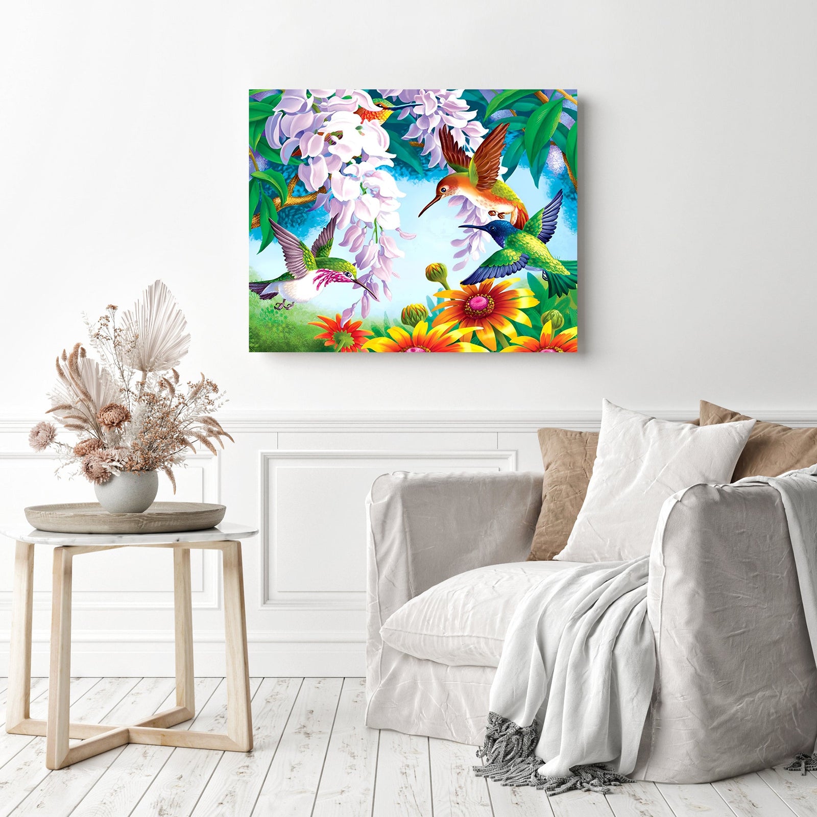 Hummingbird Flowers | Diamond Painting Displayed as Home Decor