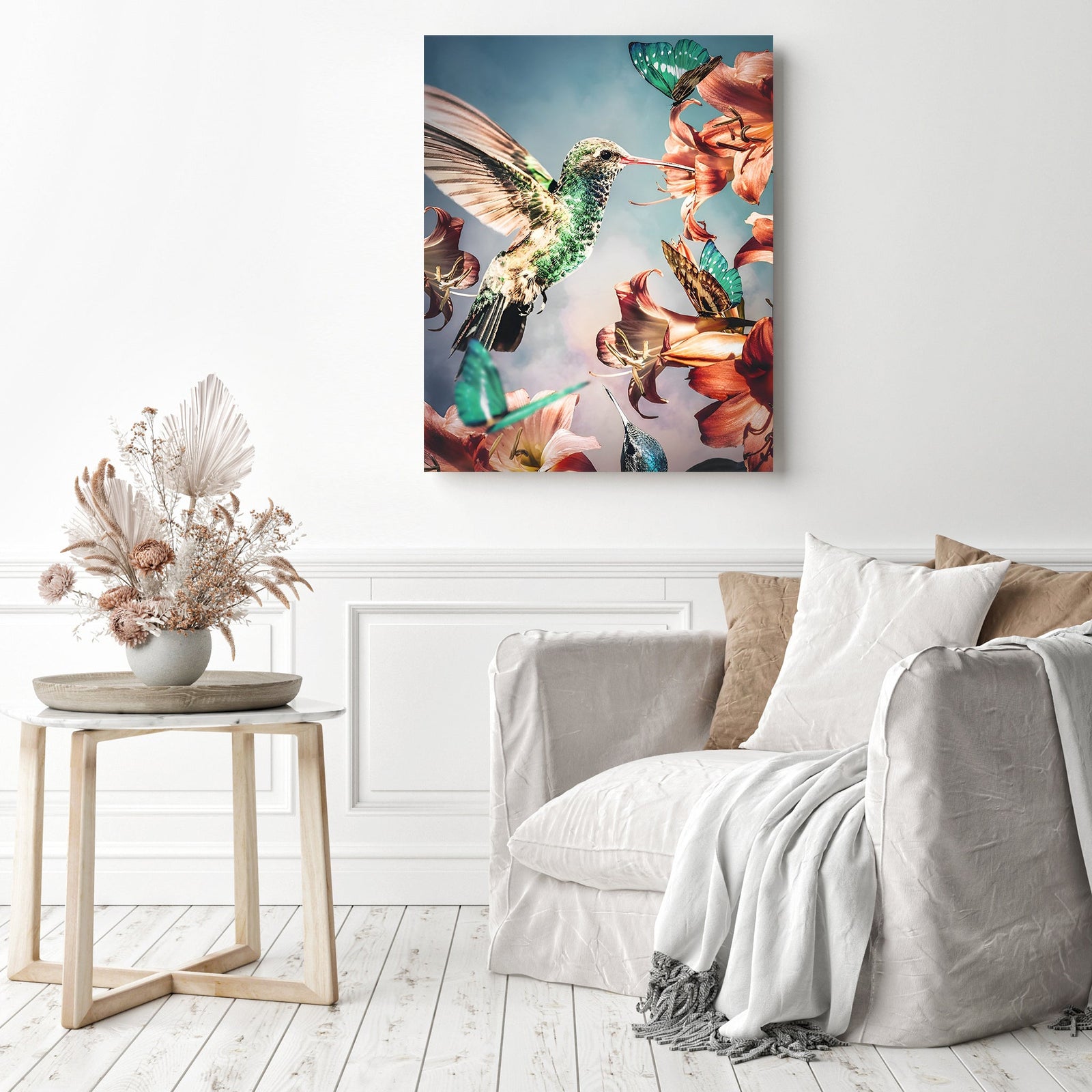 Hummingbird and Butterflies | Diamond Painting Displayed as Home Decor