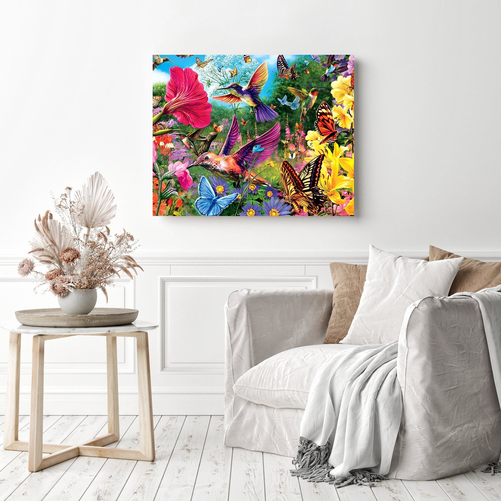 Hummingbirds And Butterflies Flutter | Diamond Painting Displayed as Home Decor