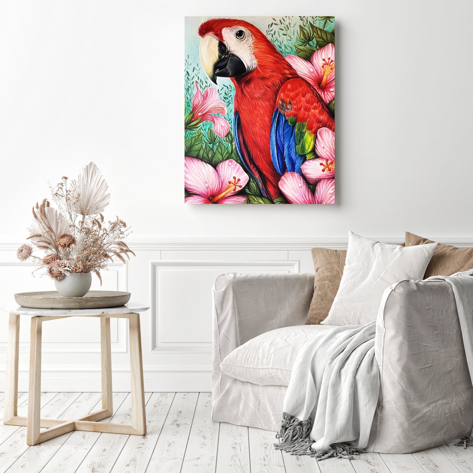 Parrot Flowers | Diamond Painting Displayed as Home Decor