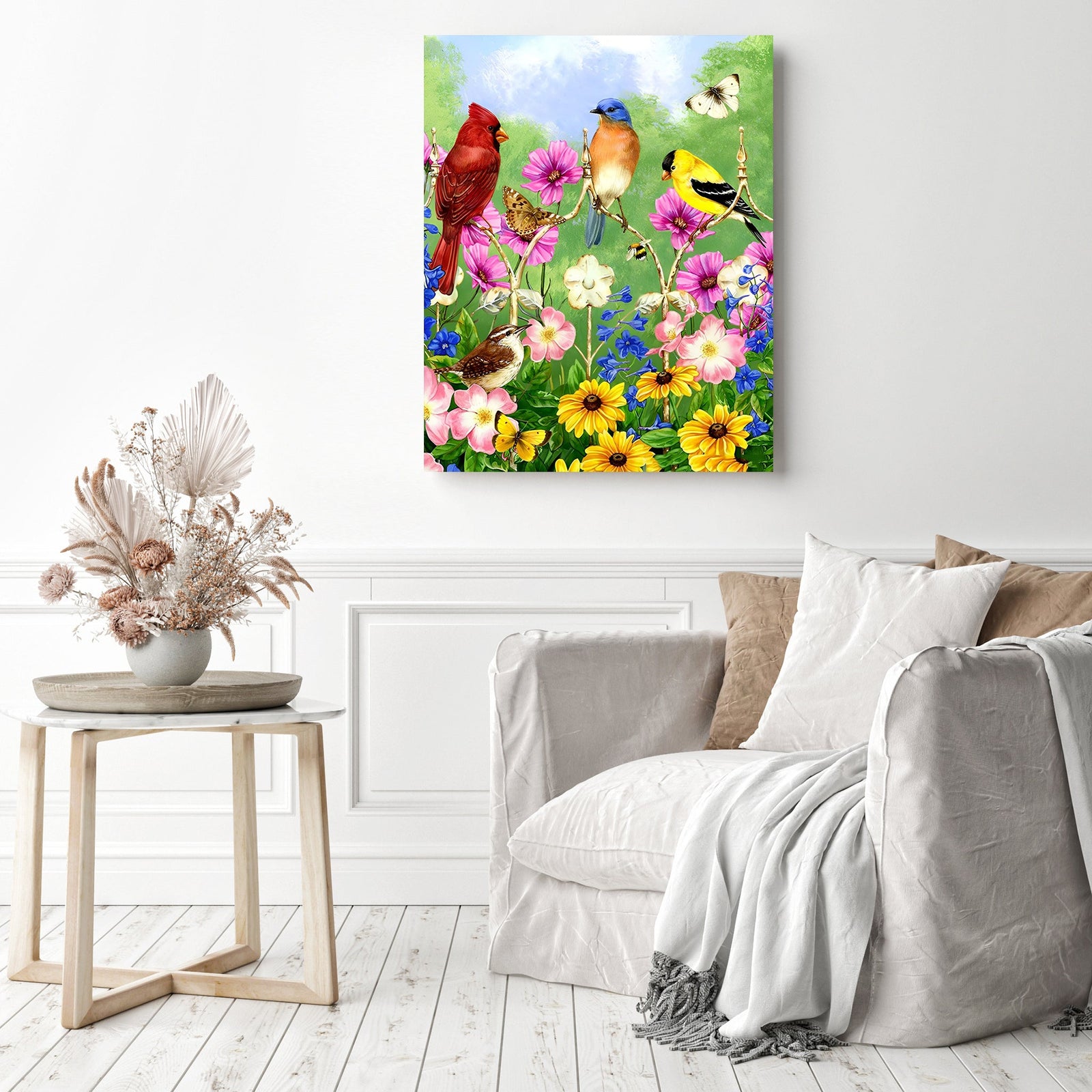 Spring Birds Flowers | Diamond Painting Displayed as Home Decor