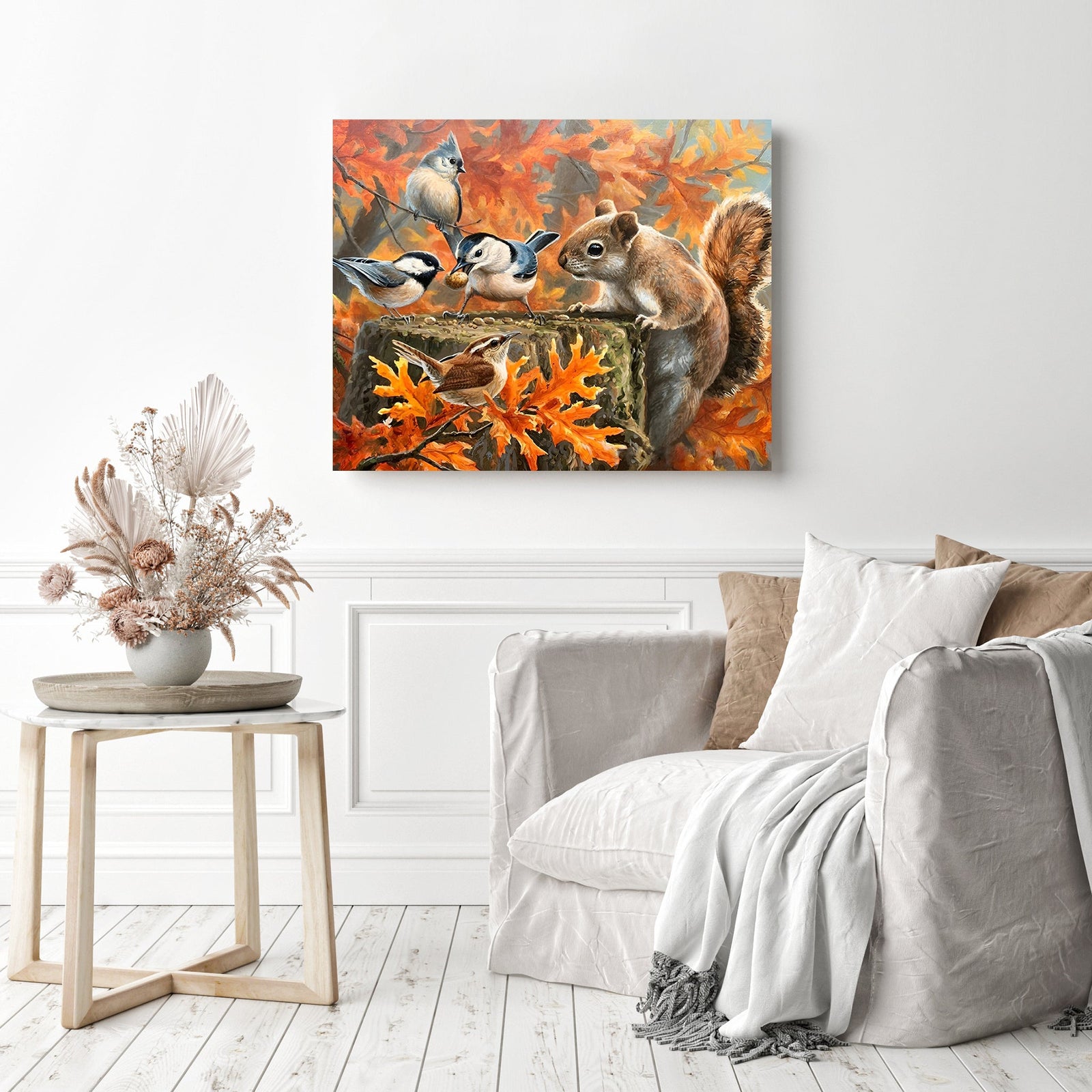 Squirrel With Birds | Diamond Painting Displayed as Home Decor