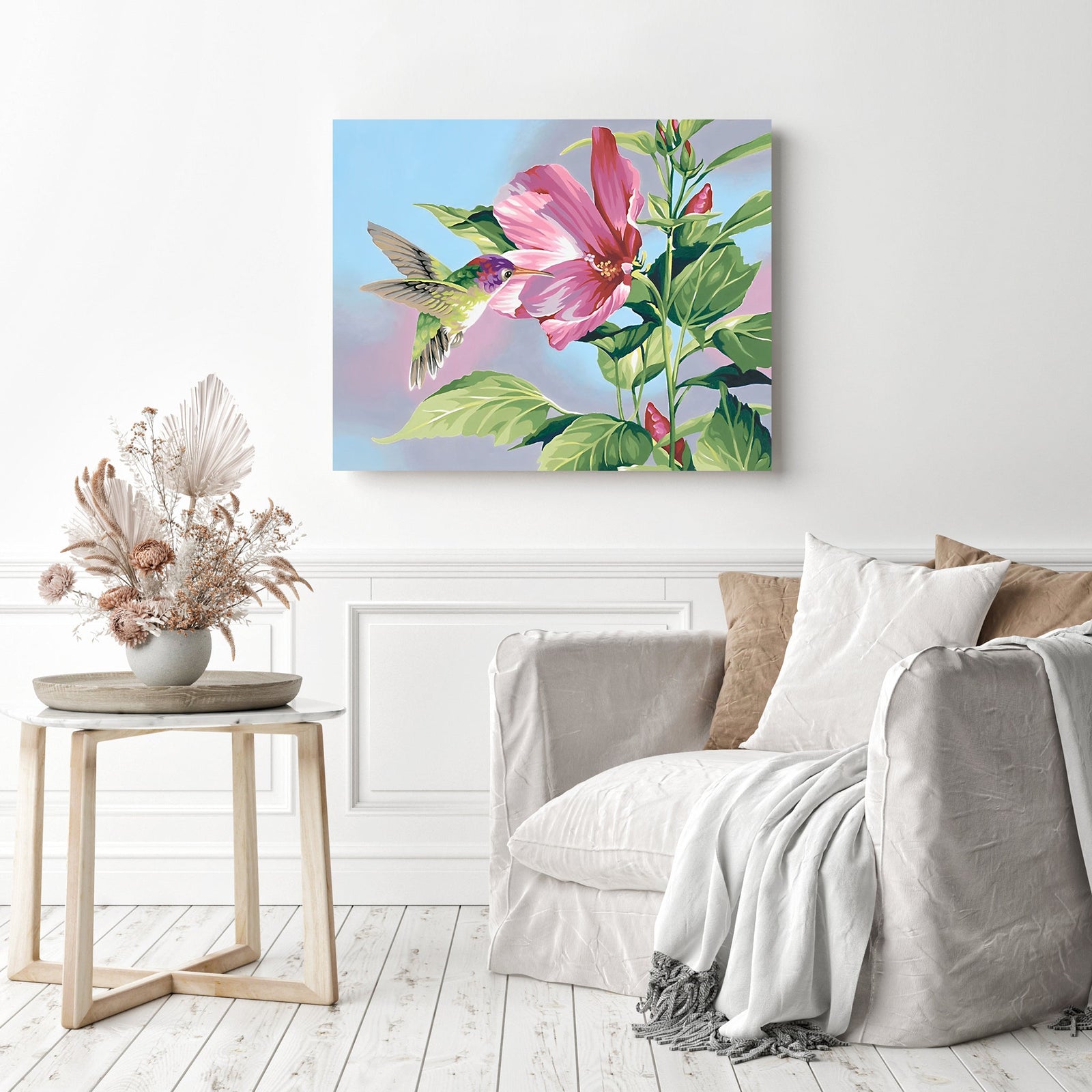 The Pinky Hummingbird | Diamond Painting Displayed as Home Decor