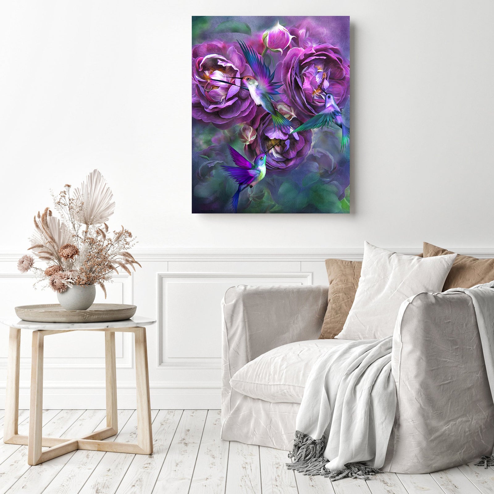 Hummingbird and Purple Rose | Diamond Painting Displayed as Home Decor