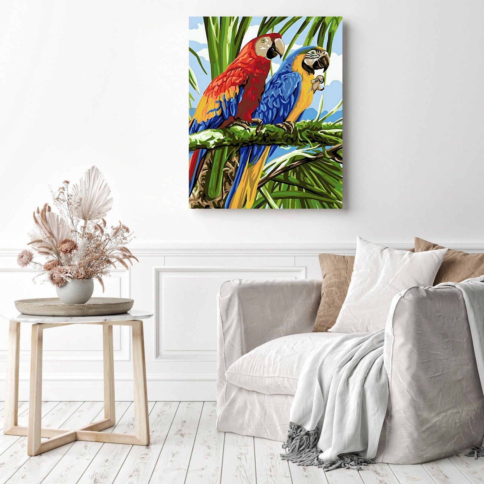 Parrot Couple | Diamond Painting Displayed as Home Decor