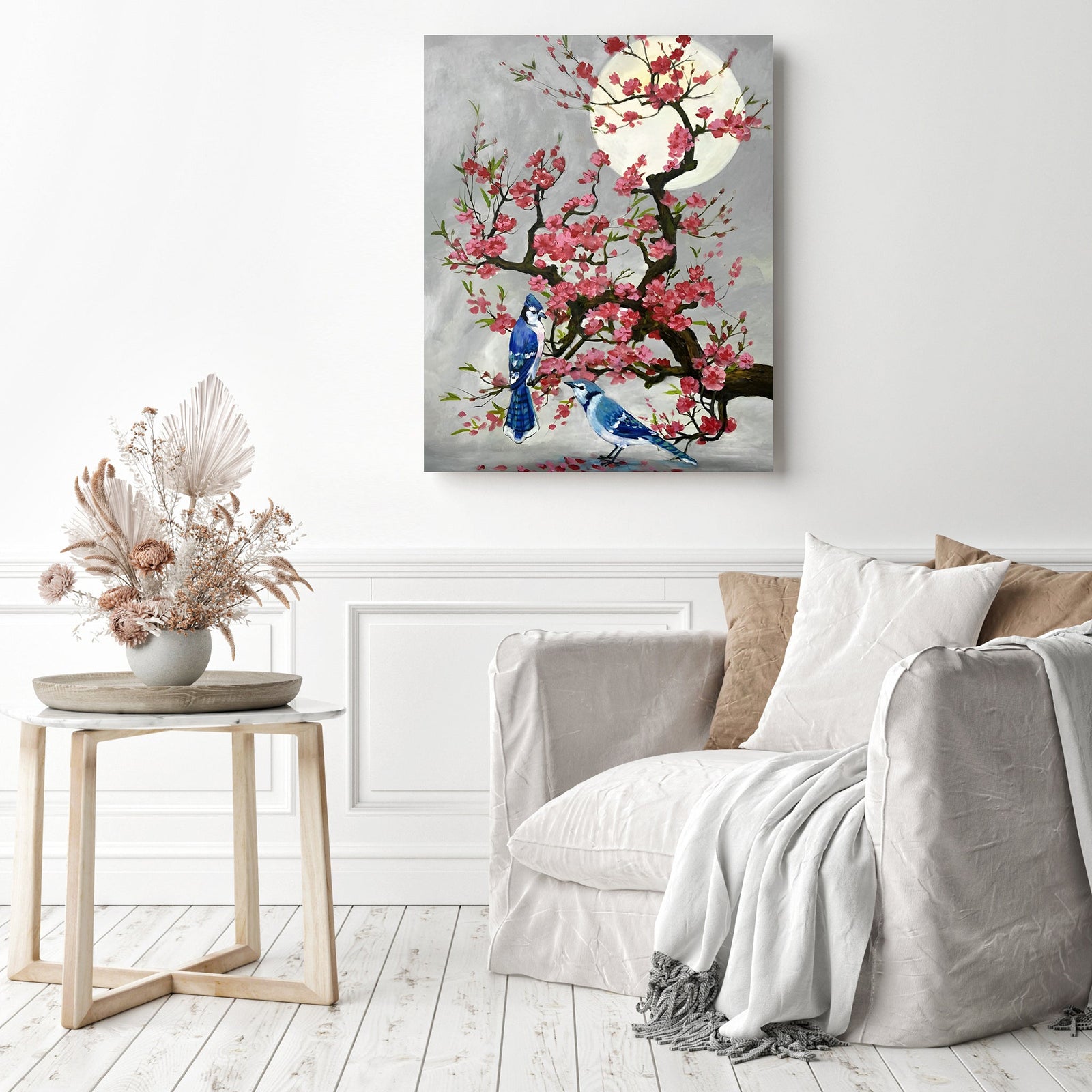 Blue Jay Bird on Cherry Flower Tree | Diamond Painting Displayed as Home Decor