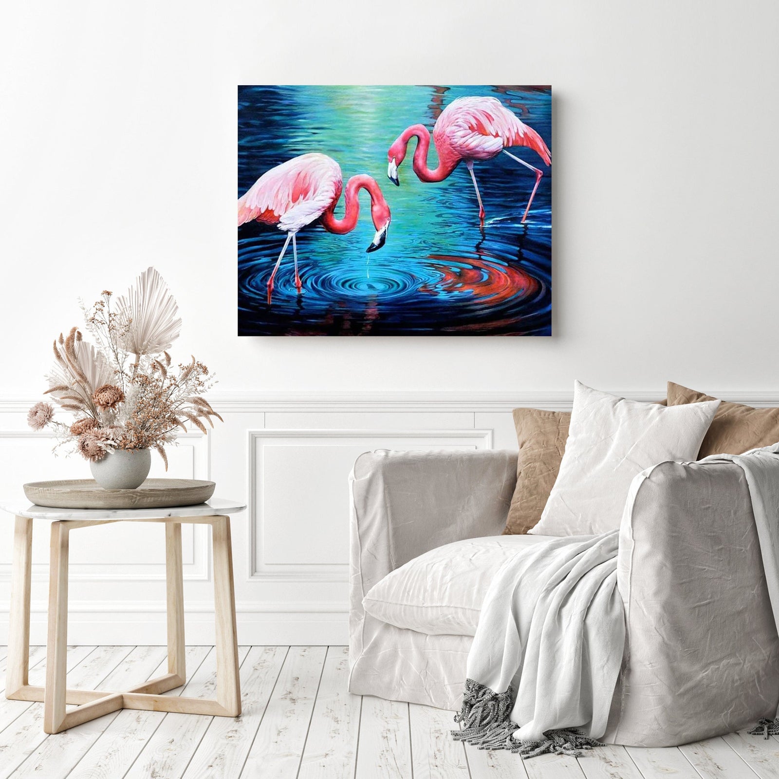 Flamingos in the water | Diamond Painting Displayed as Home Decor