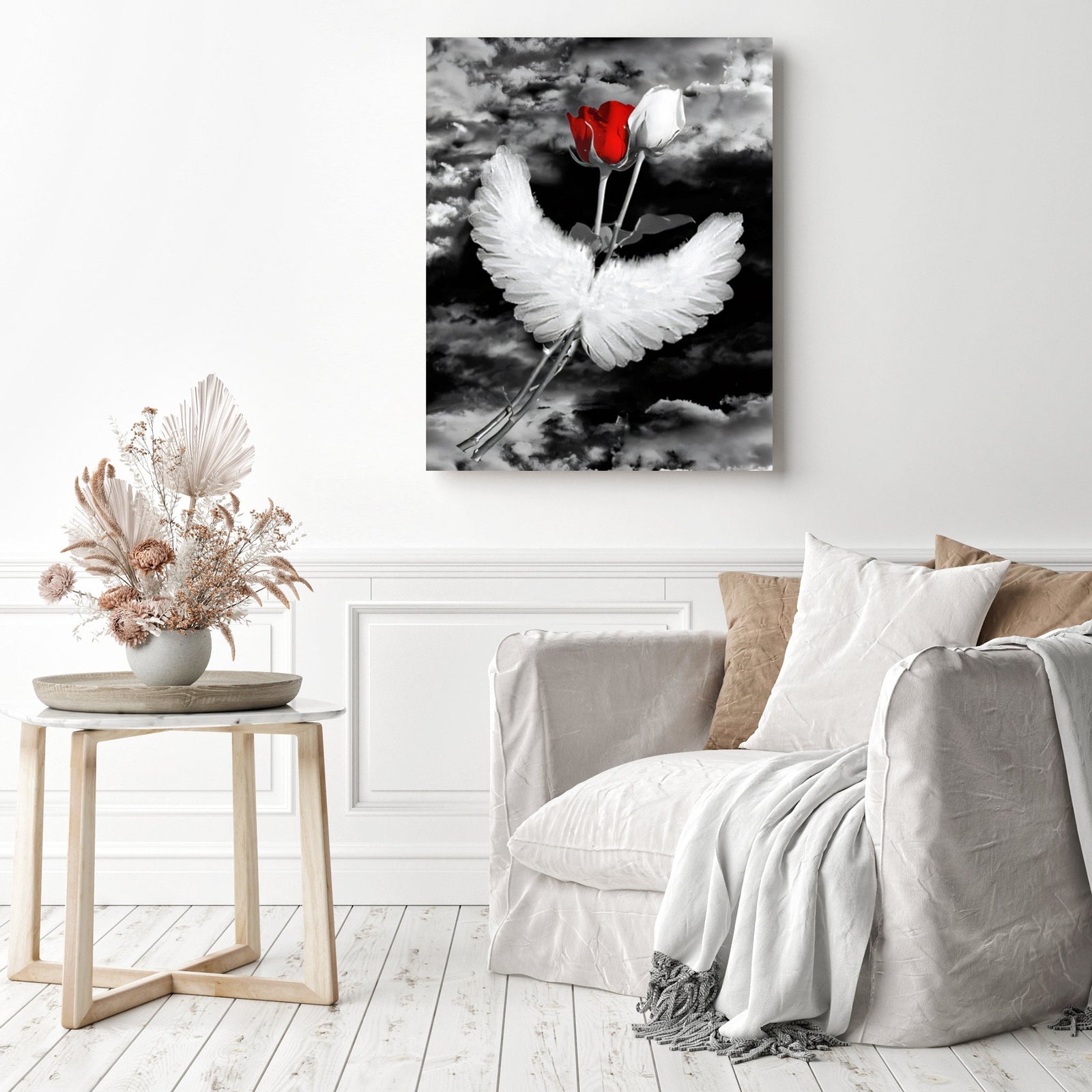 Red and White Rose with Wings | Diamond Painting Displayed as Home Decor