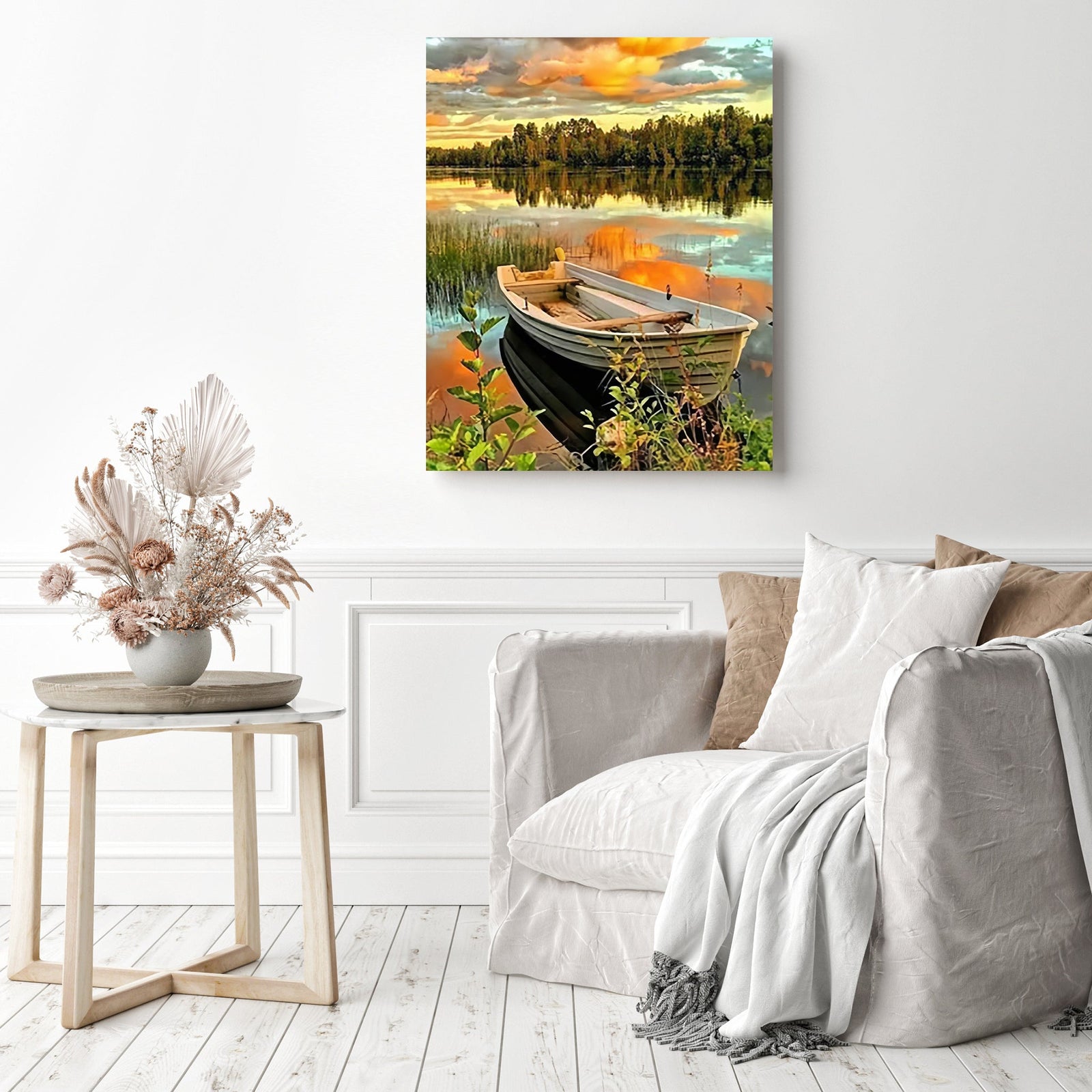 Boat Reflections | Diamond Painting Displayed as Home Decor