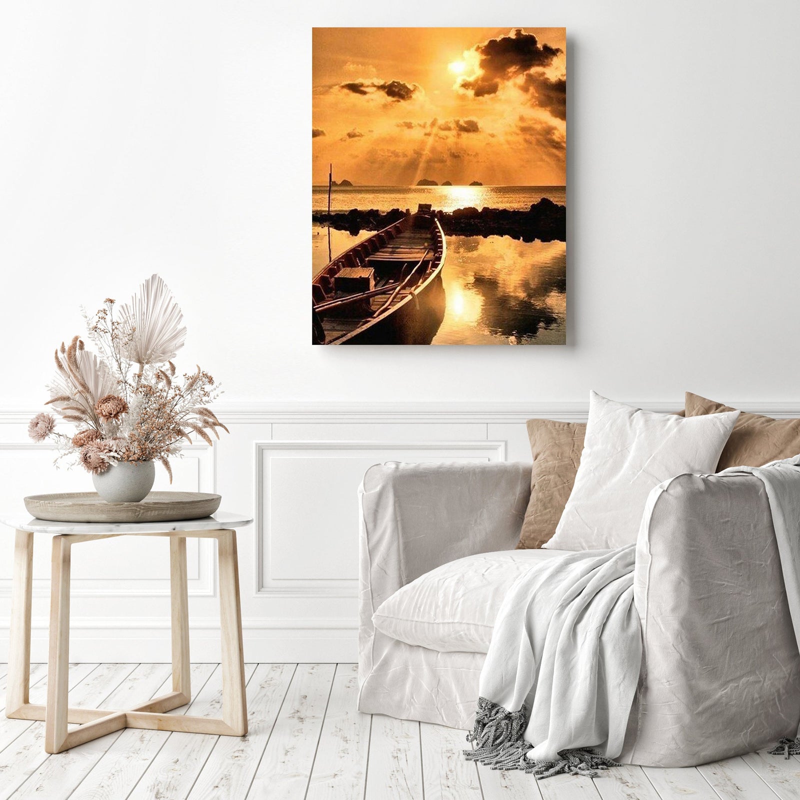 Serene Sunset Boat | Diamond Painting Displayed as Home Decor