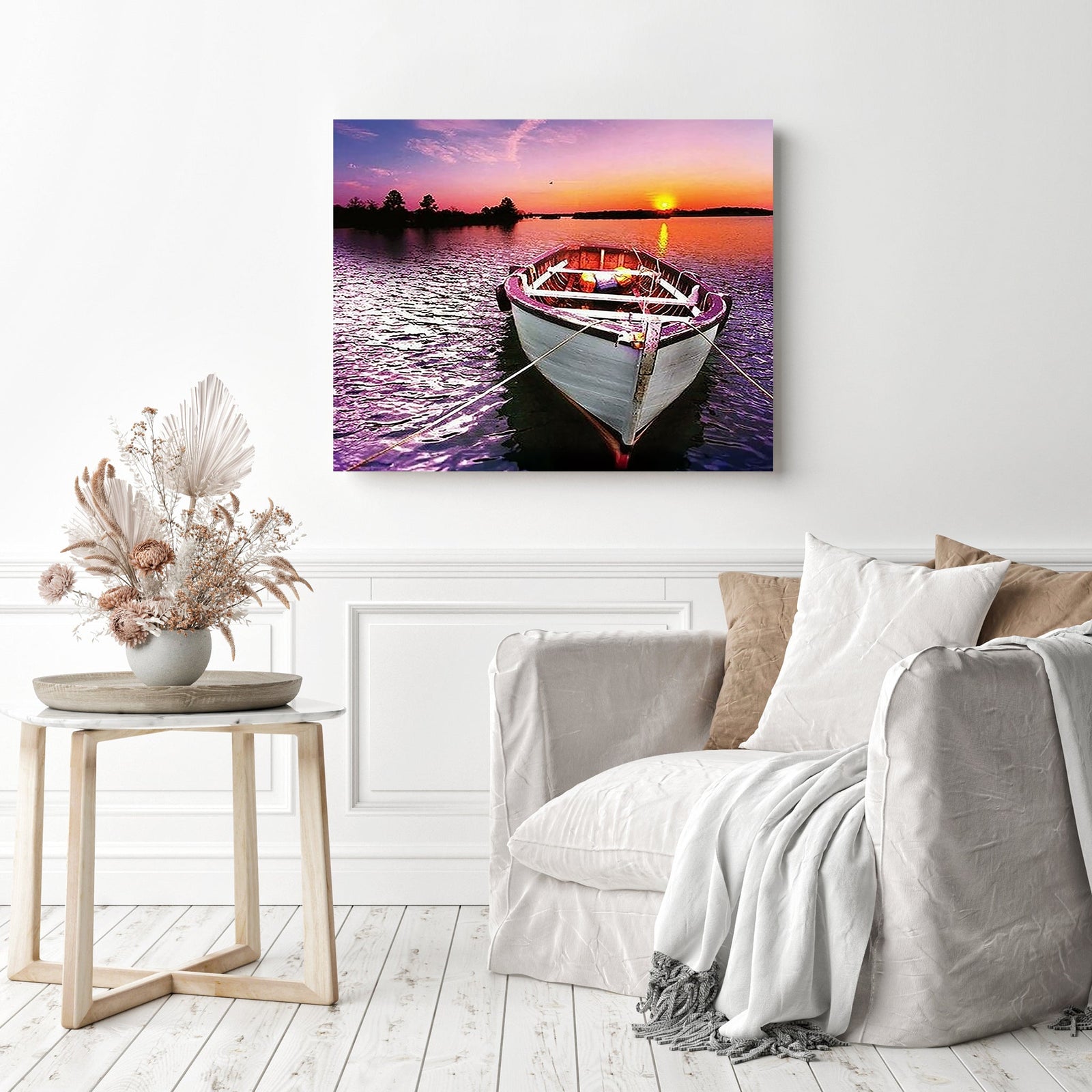 Boat under Sunset | Diamond Painting Displayed as Home Decor