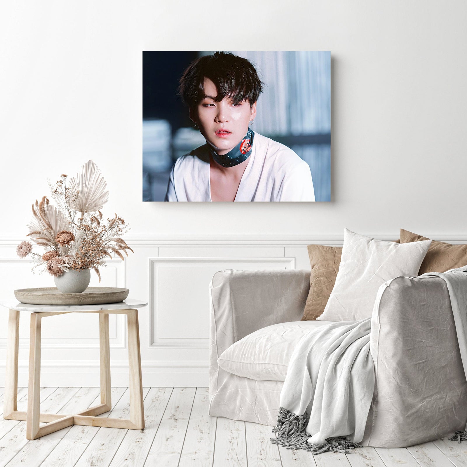 Min yoongi BTS in White | Diamond Painting Displayed as Home Decor