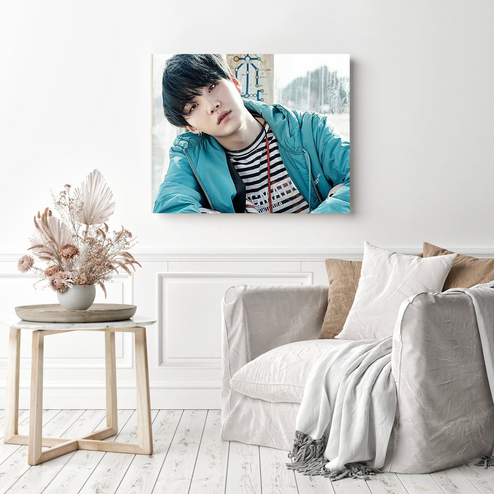 Yoongi BTS in Blue | Diamond Painting Displayed as Home Decor